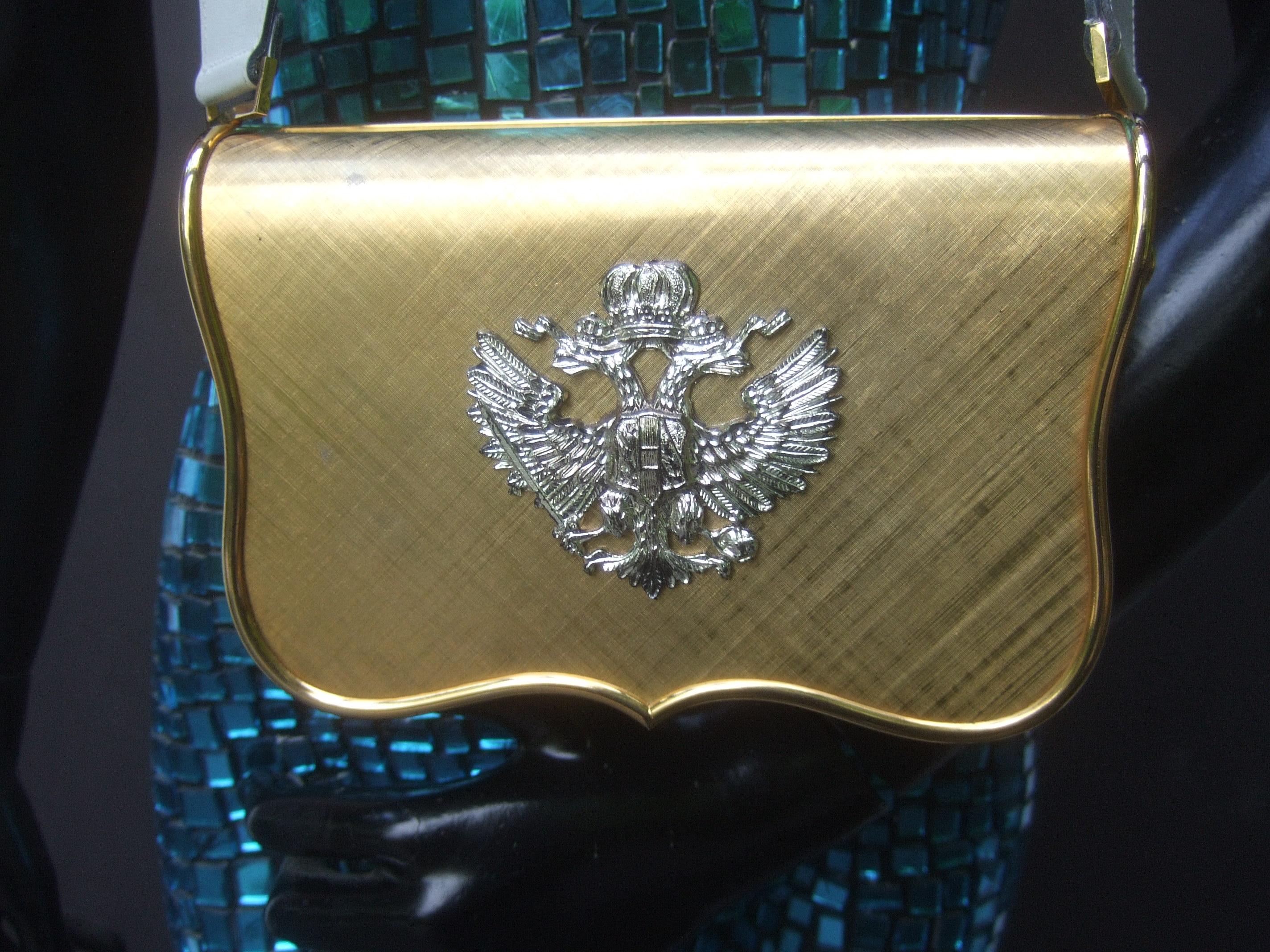 Saks Fifth Avenue Italian Gilt Metal Eagle Emblem Leather Shoulder Bag c 1970s In Good Condition In University City, MO