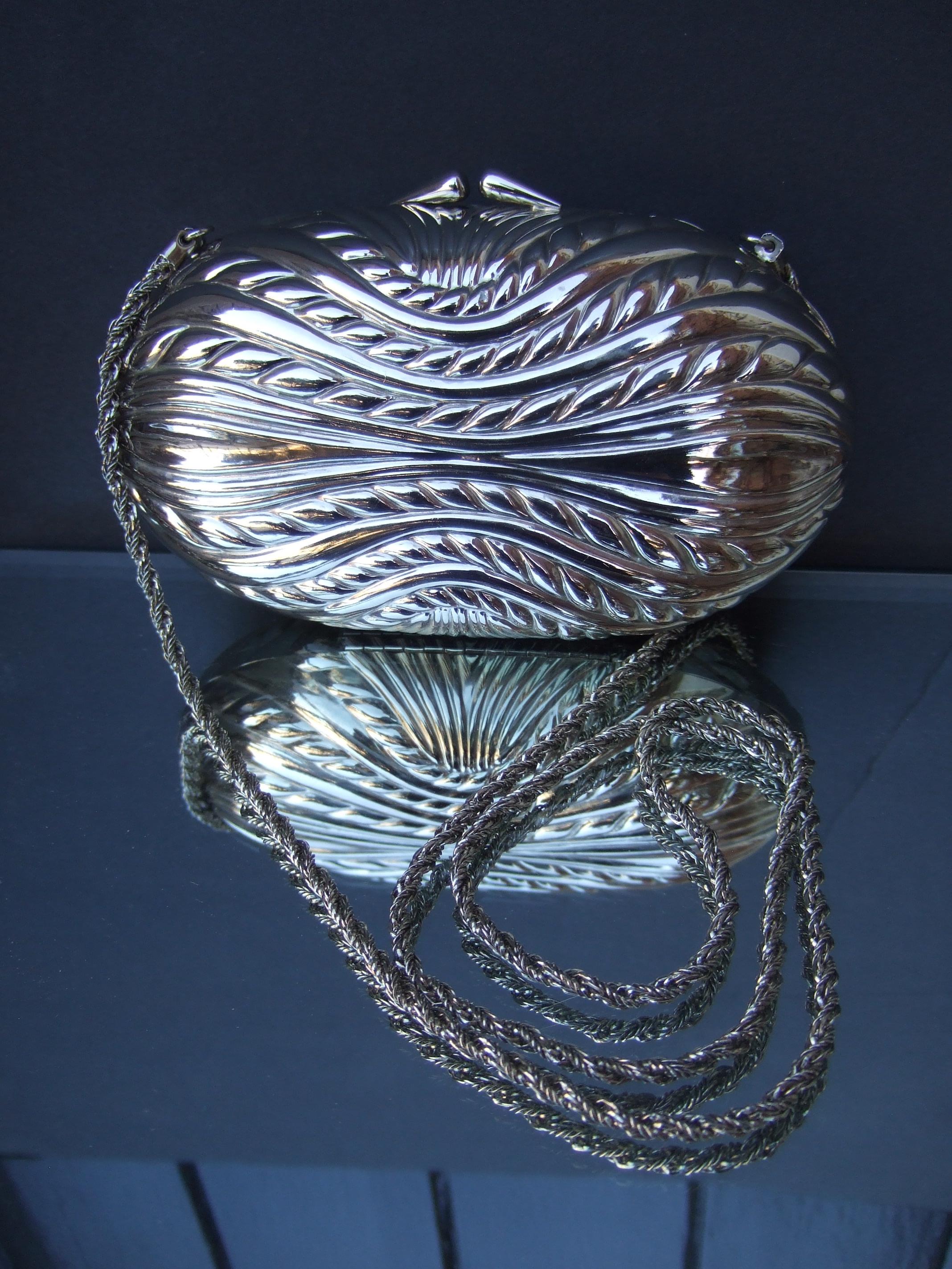 Black SAKS FIFTH AVENUE Italian Silver Metal Minaudiere' Clutch Shoulder Bag c 1970s