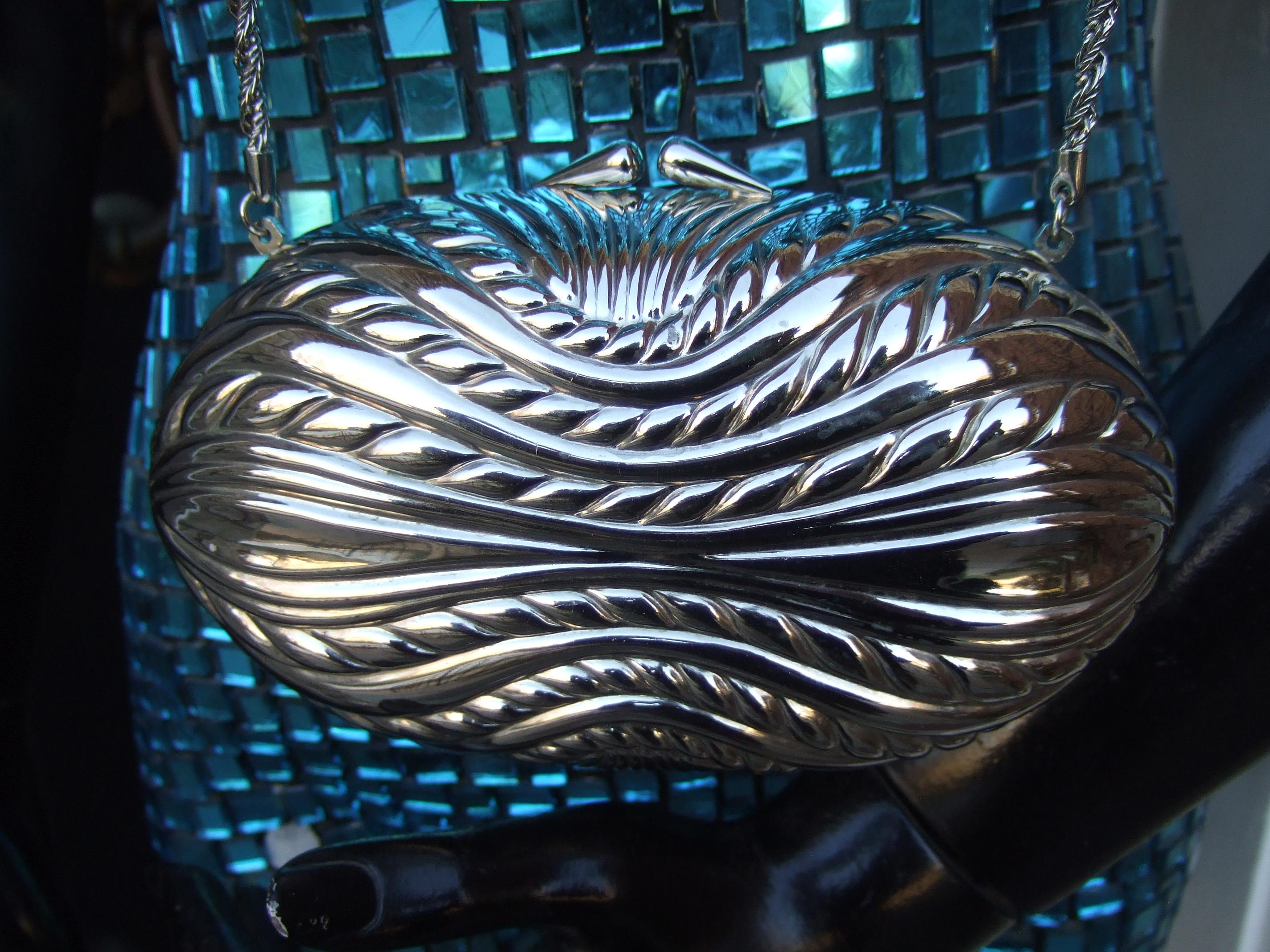 Women's SAKS FIFTH AVENUE Italian Silver Metal Minaudiere' Clutch Shoulder Bag c 1970s