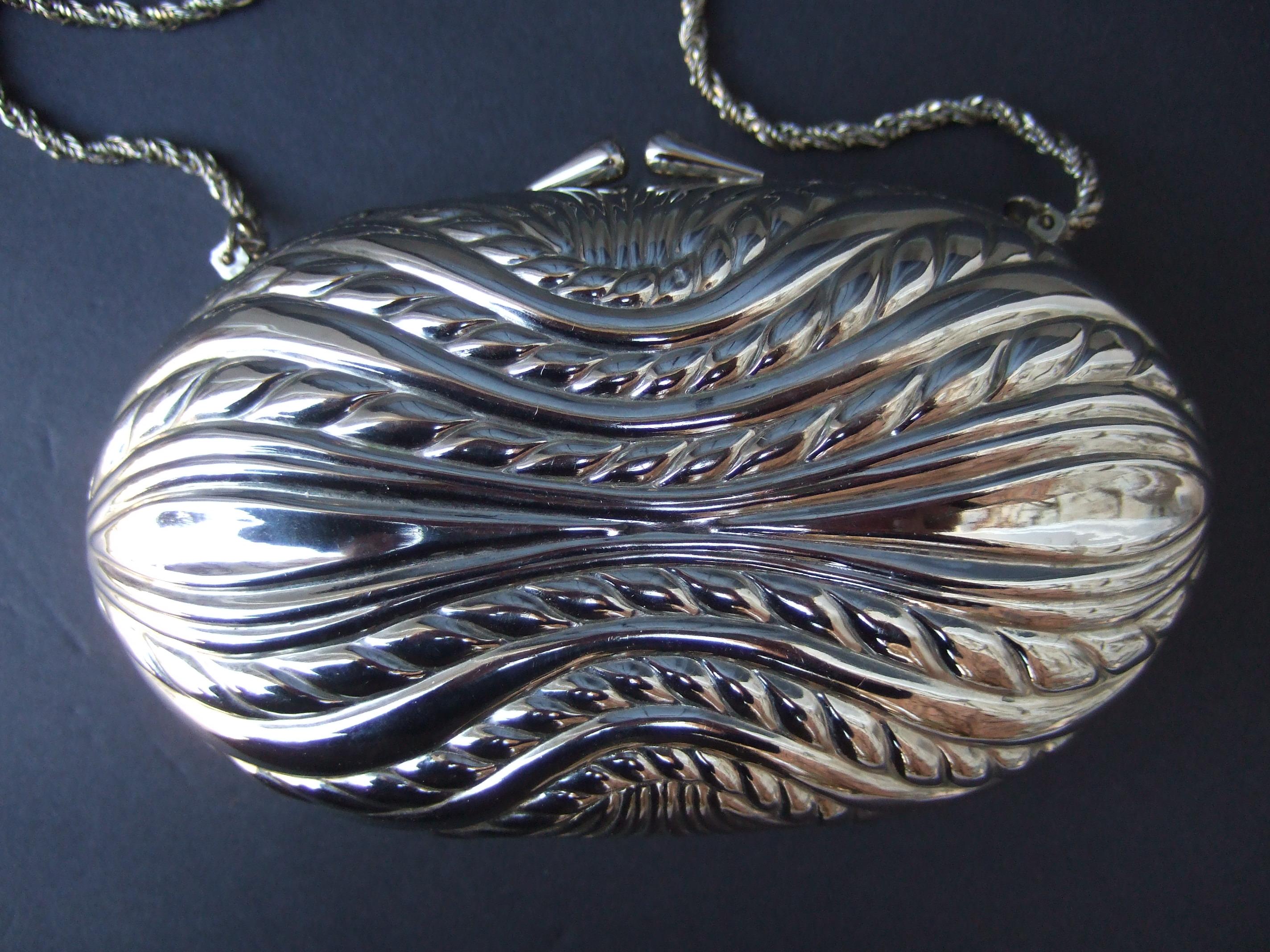 SAKS FIFTH AVENUE Italian Silver Metal Minaudiere' Clutch Shoulder Bag c 1970s 1