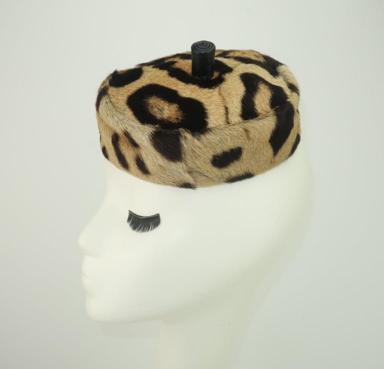 Saks Fifth Avenue Vintage Leopard Print Fur & Black Leather Pillbox Hat Saks Fifth Avenue Leopard Print Fur Pillbox Hat, 1950 main image 4