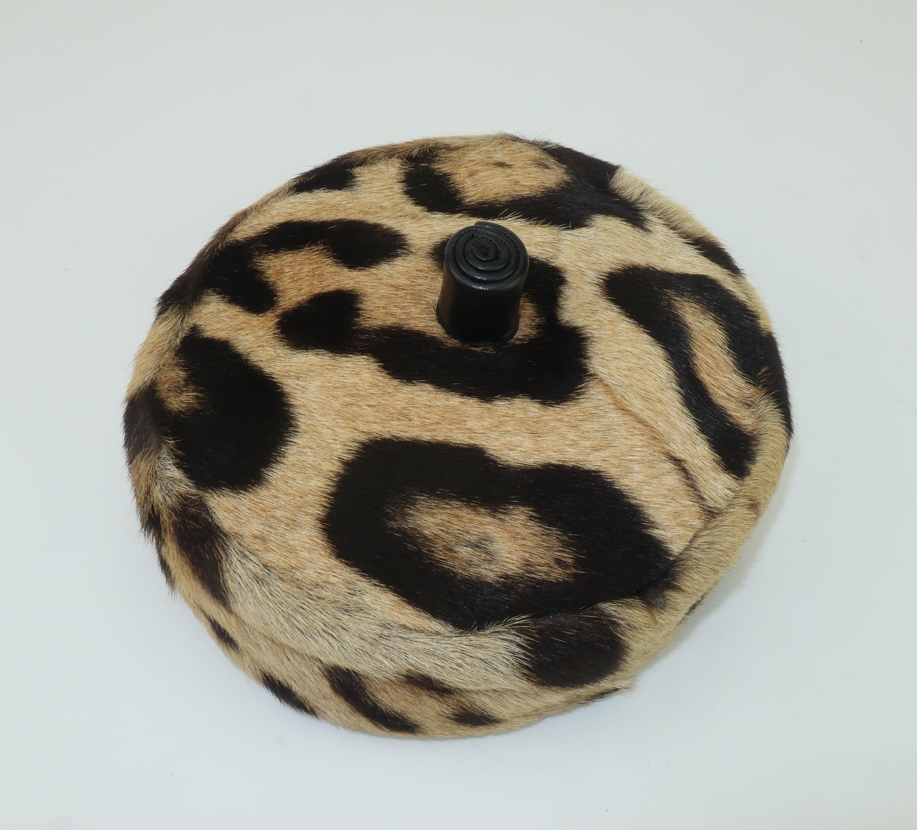 Beige Saks Fifth Avenue Leopard Print Fur Pillbox Hat, 1950's