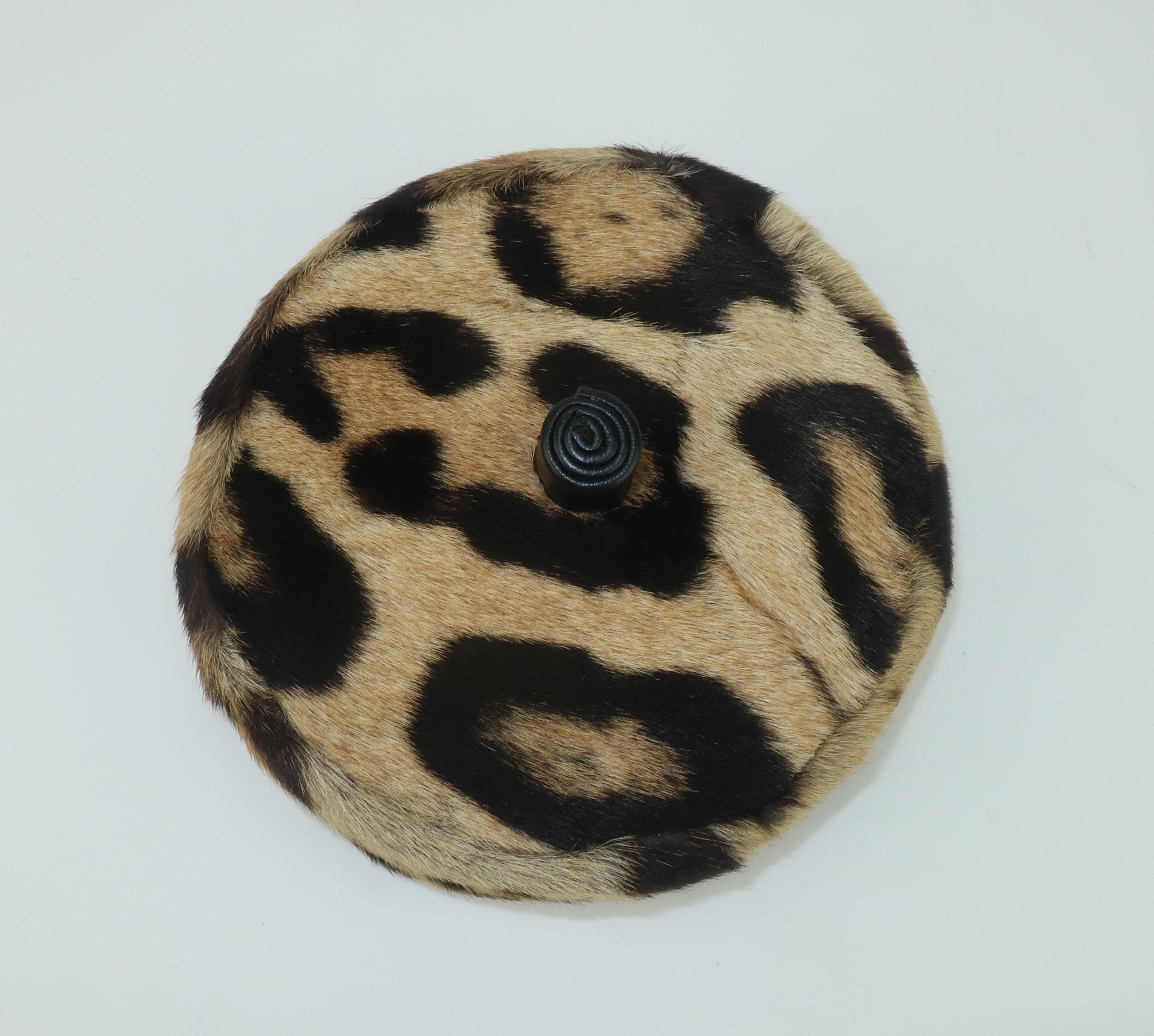 Saks Fifth Avenue Leopard Print Fur Pillbox Hat, 1950's In Good Condition In Atlanta, GA