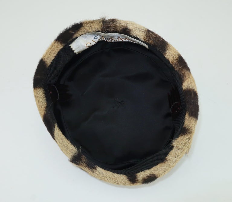 Saks Fifth Avenue Vintage Leopard Print Fur & Black Leather Pillbox Hat Saks Fifth Avenue Leopard Print Fur Pillbox Hat, 1950 main image 2