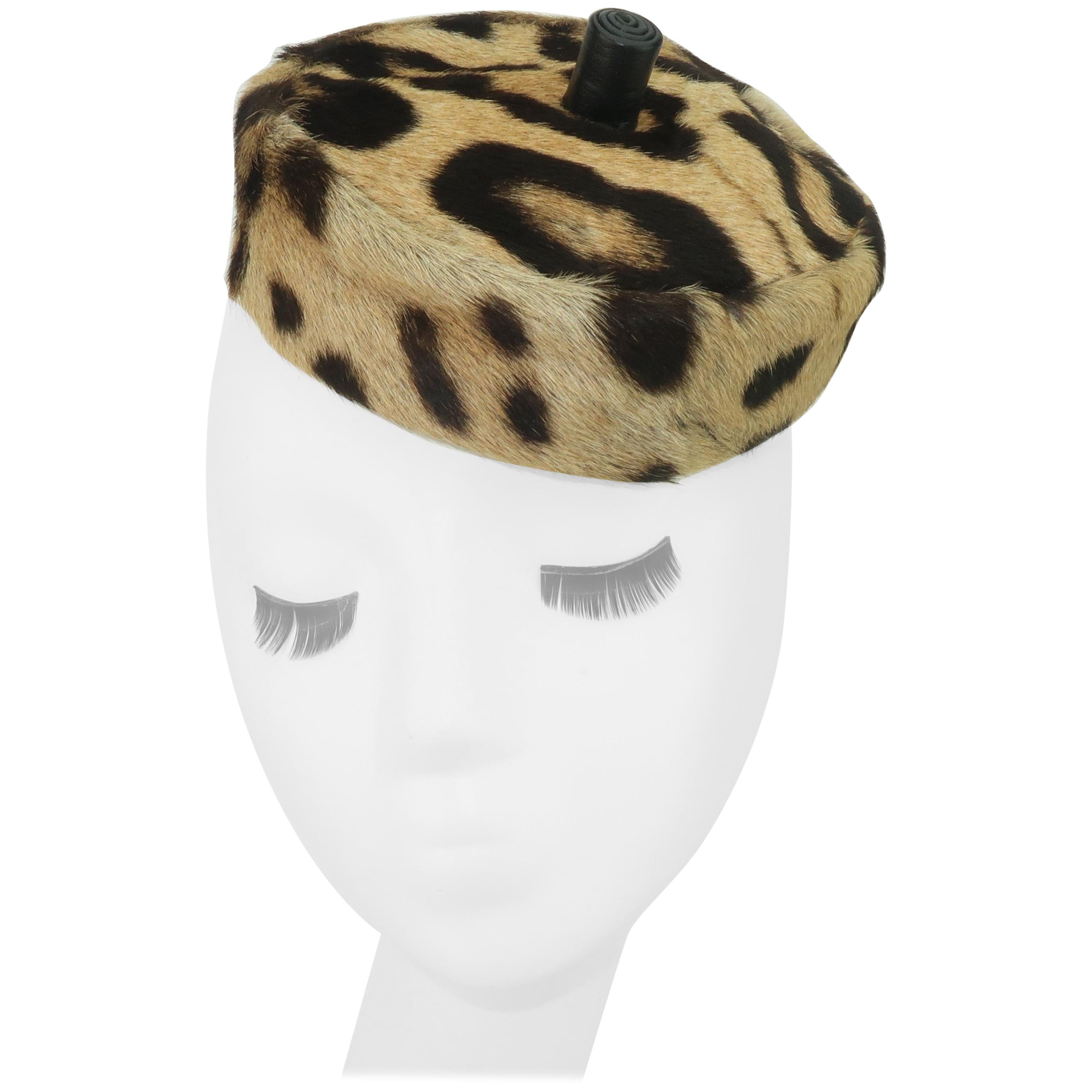 Saks Fifth Avenue Leopard Print Fur Pillbox Hat, 1950's