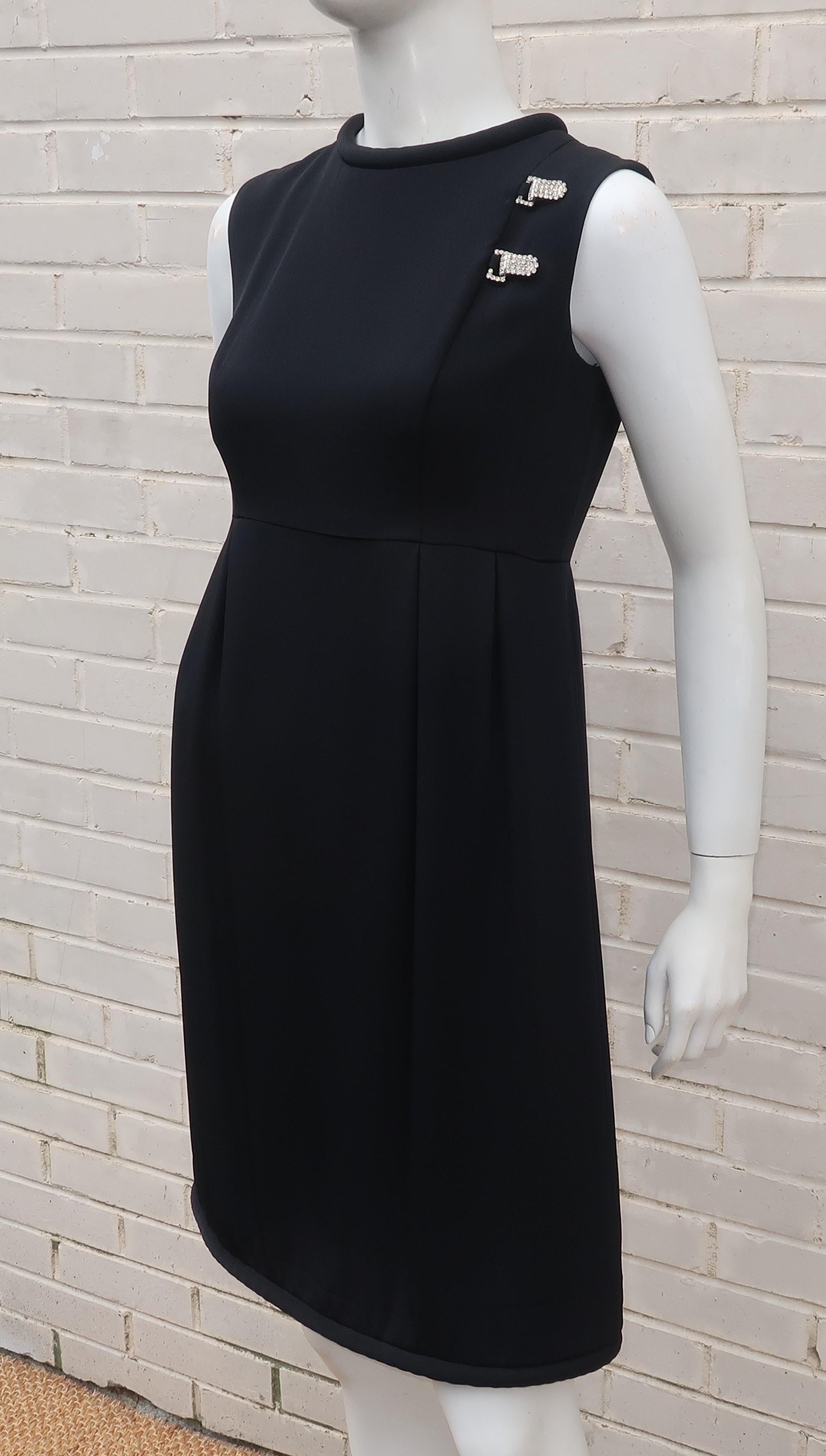 Women's Saks Fifth Avenue Little Black Dress With Rhinestone Buckles, 1960's For Sale