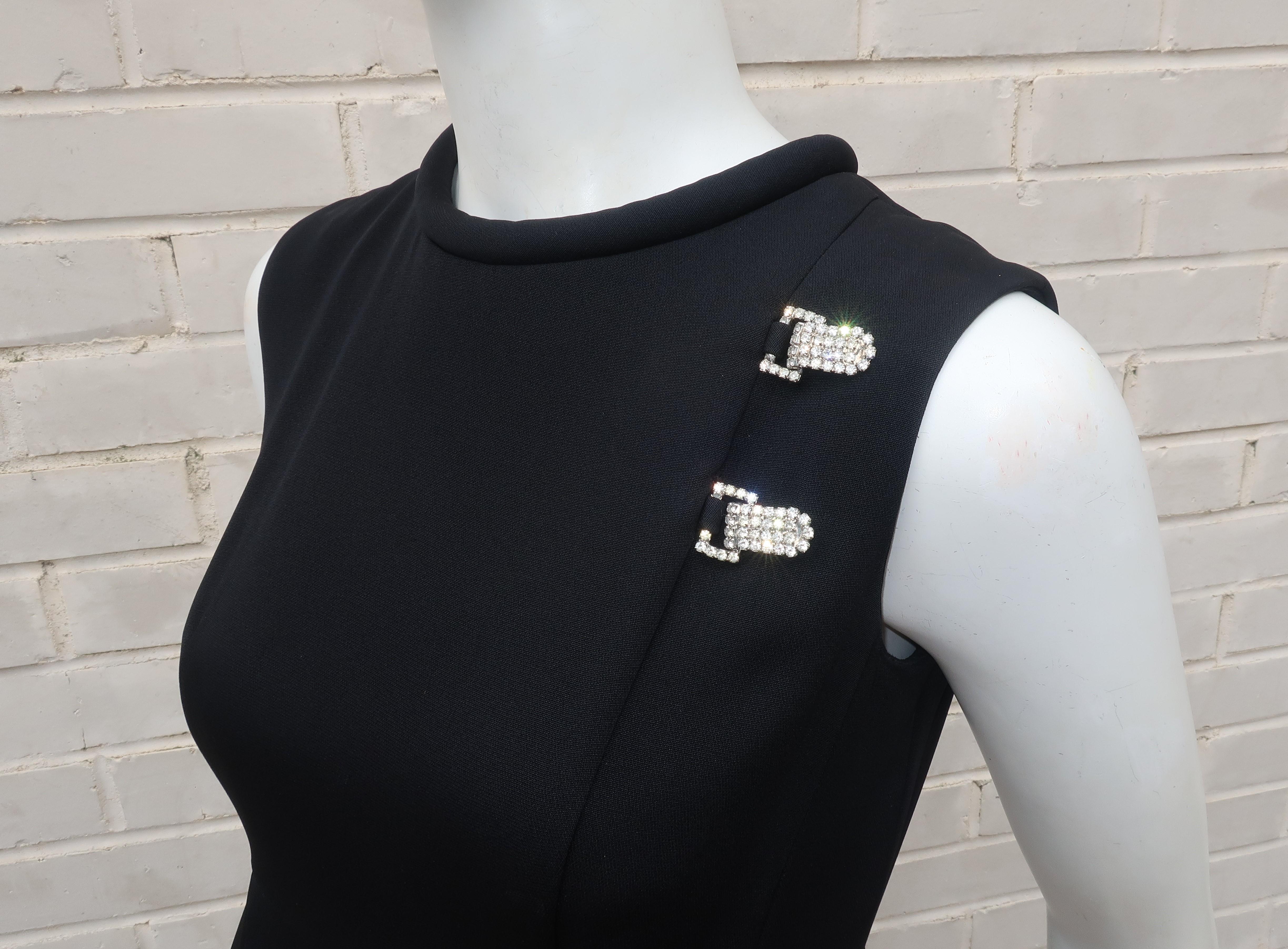 Saks Fifth Avenue Little Black Dress With Rhinestone Buckles, 1960's For Sale 1