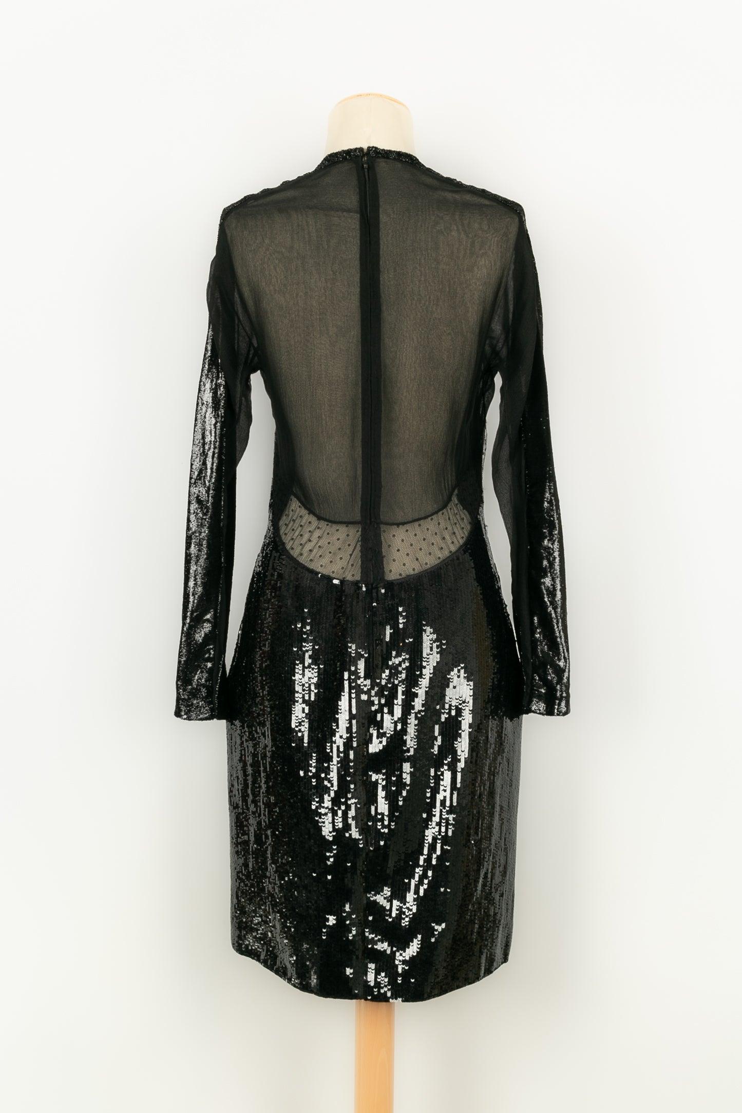 Saks Fifth Avenue Long-sleeved Black Evening Dress in Silk Muslin and Velvet In Excellent Condition For Sale In SAINT-OUEN-SUR-SEINE, FR