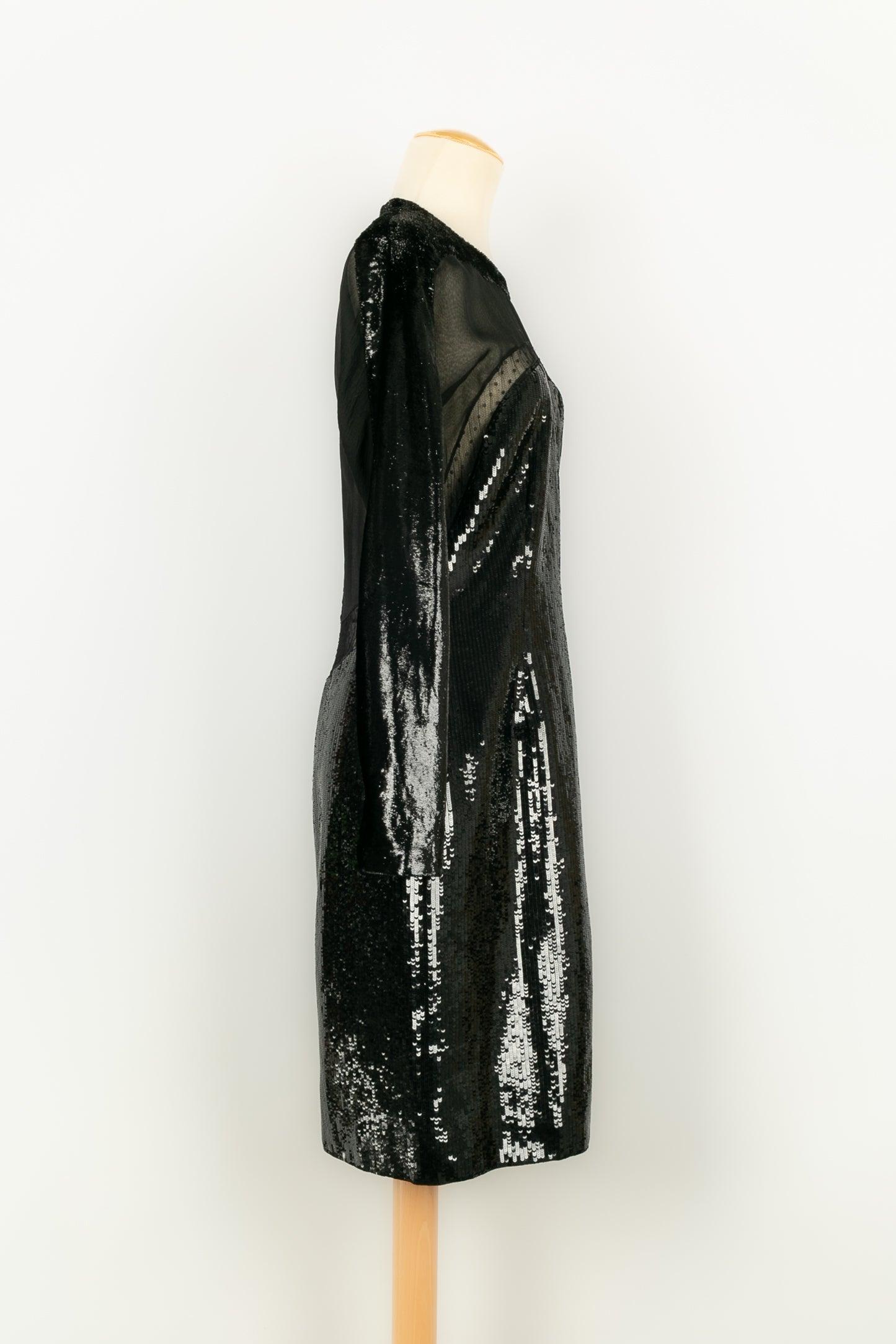 Women's Saks Fifth Avenue Long-sleeved Black Evening Dress in Silk Muslin and Velvet For Sale