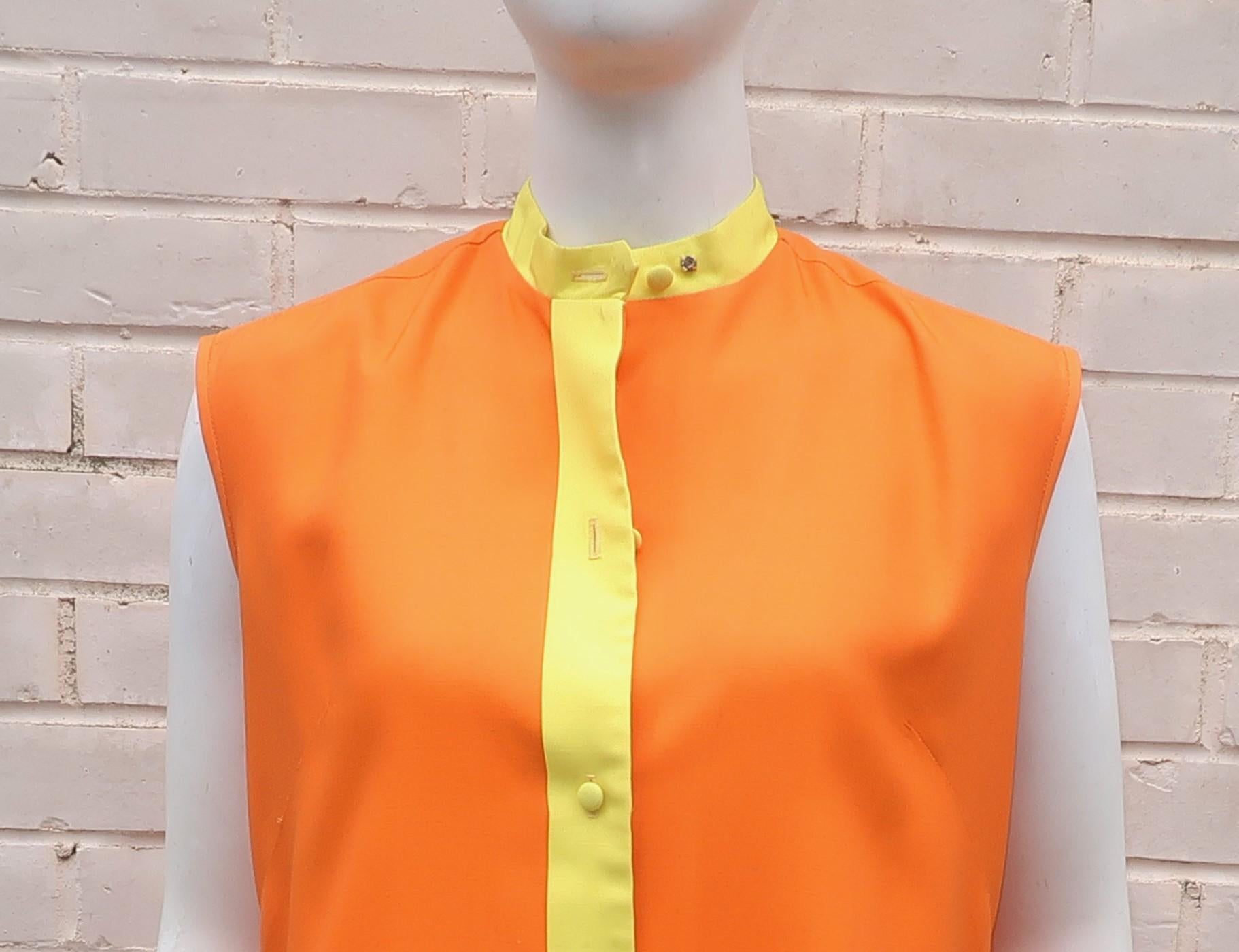 Saks Fifth Avenue Orange & Yellow Cotton Blend Shift Dress, 1960's 3