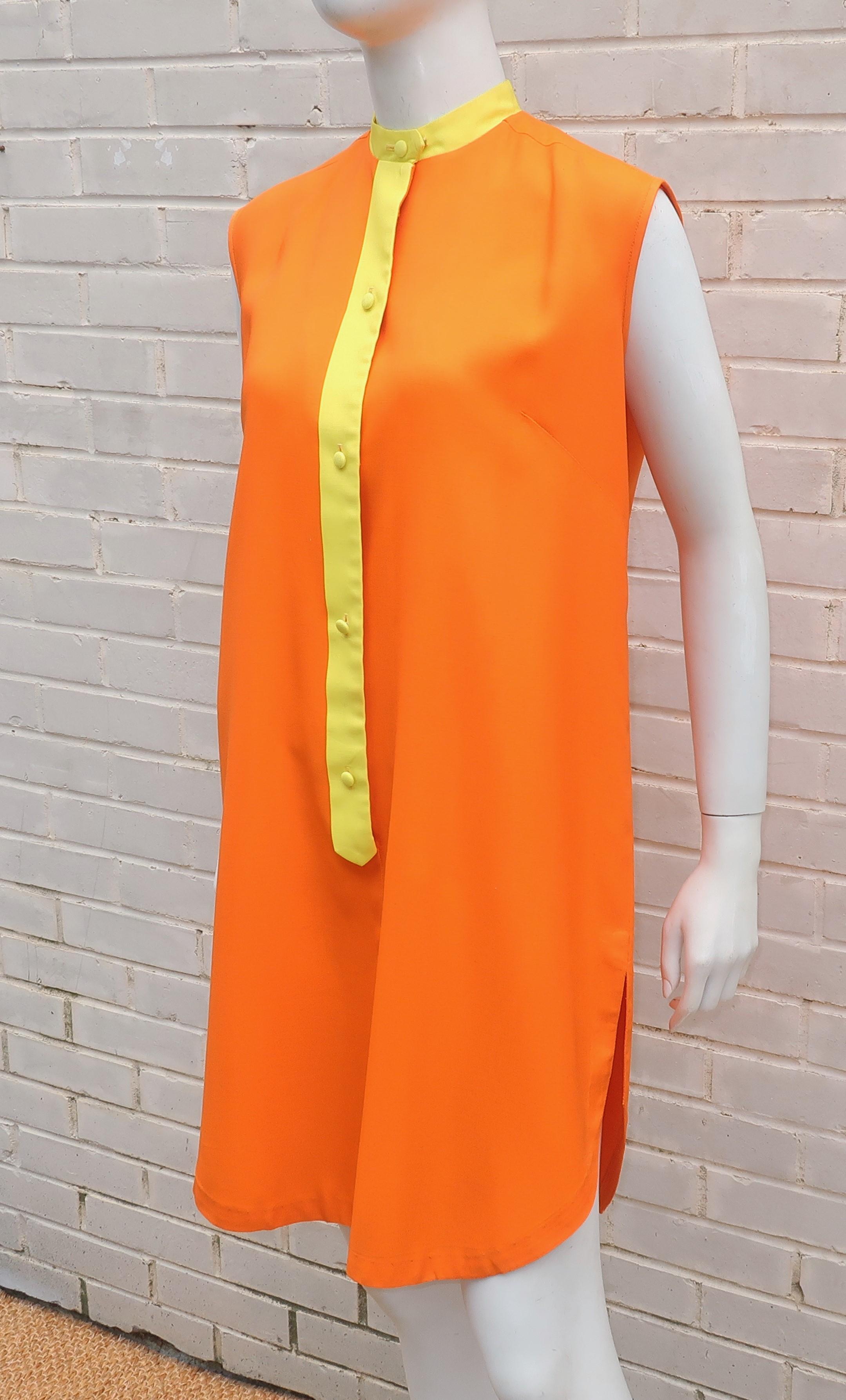 Saks Fifth Avenue Orange & Yellow Cotton Blend Shift Dress, 1960's In Good Condition In Atlanta, GA