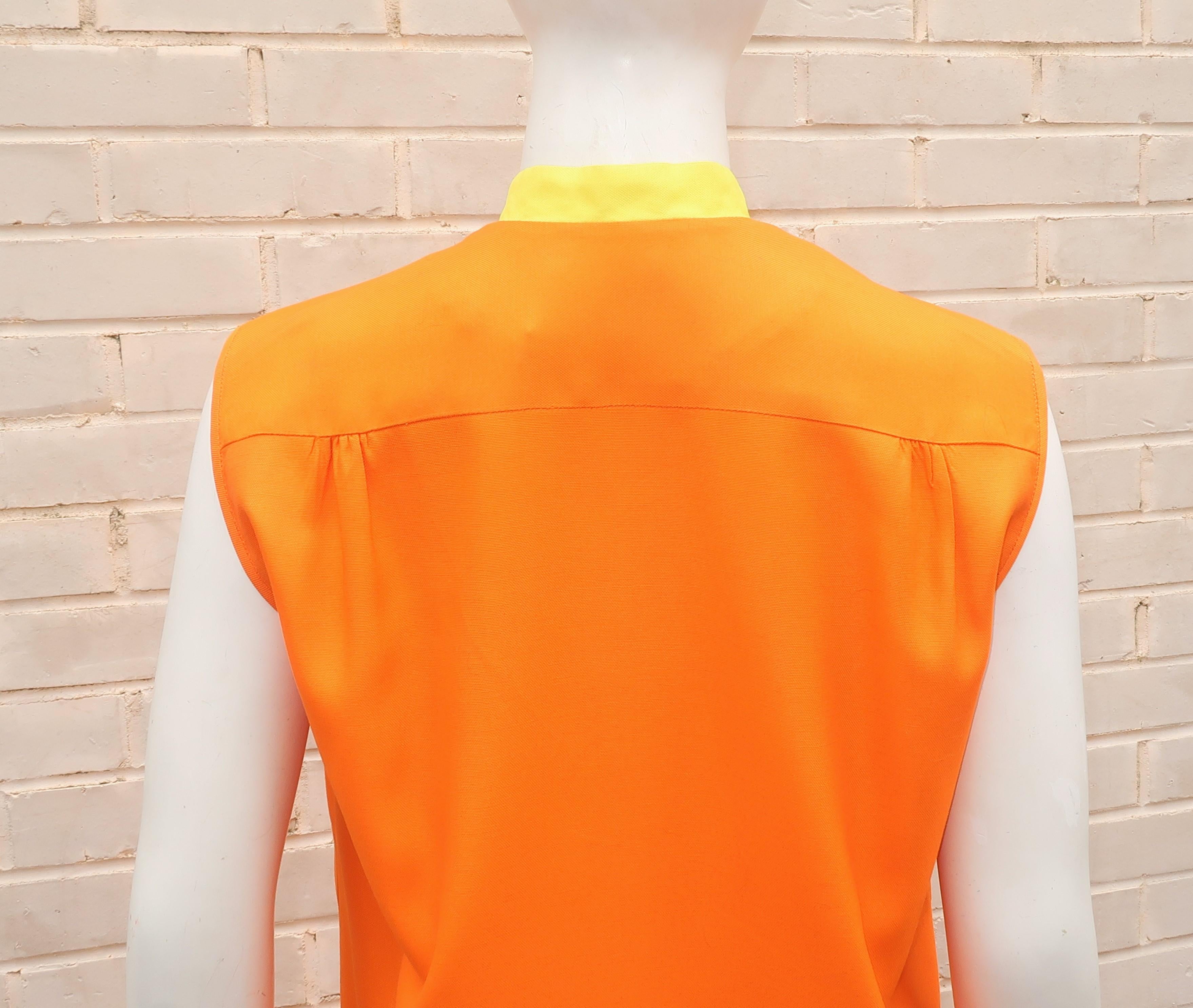 Saks Fifth Avenue Orange & Yellow Cotton Blend Shift Dress, 1960's 2