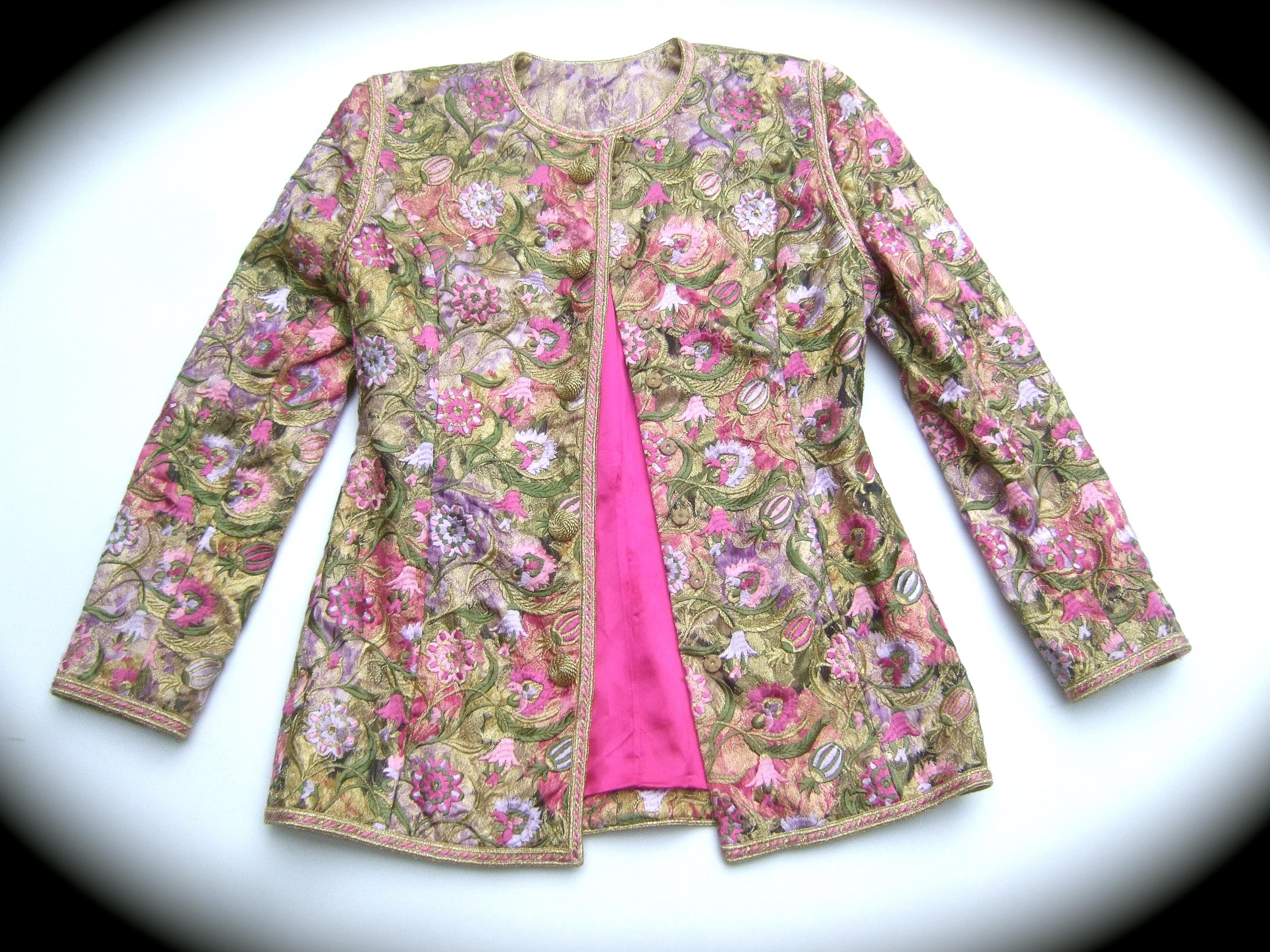 Brown Saks Fifth Avenue Pastel Floral Embroidered Jacket by Victor Costa c 1980s