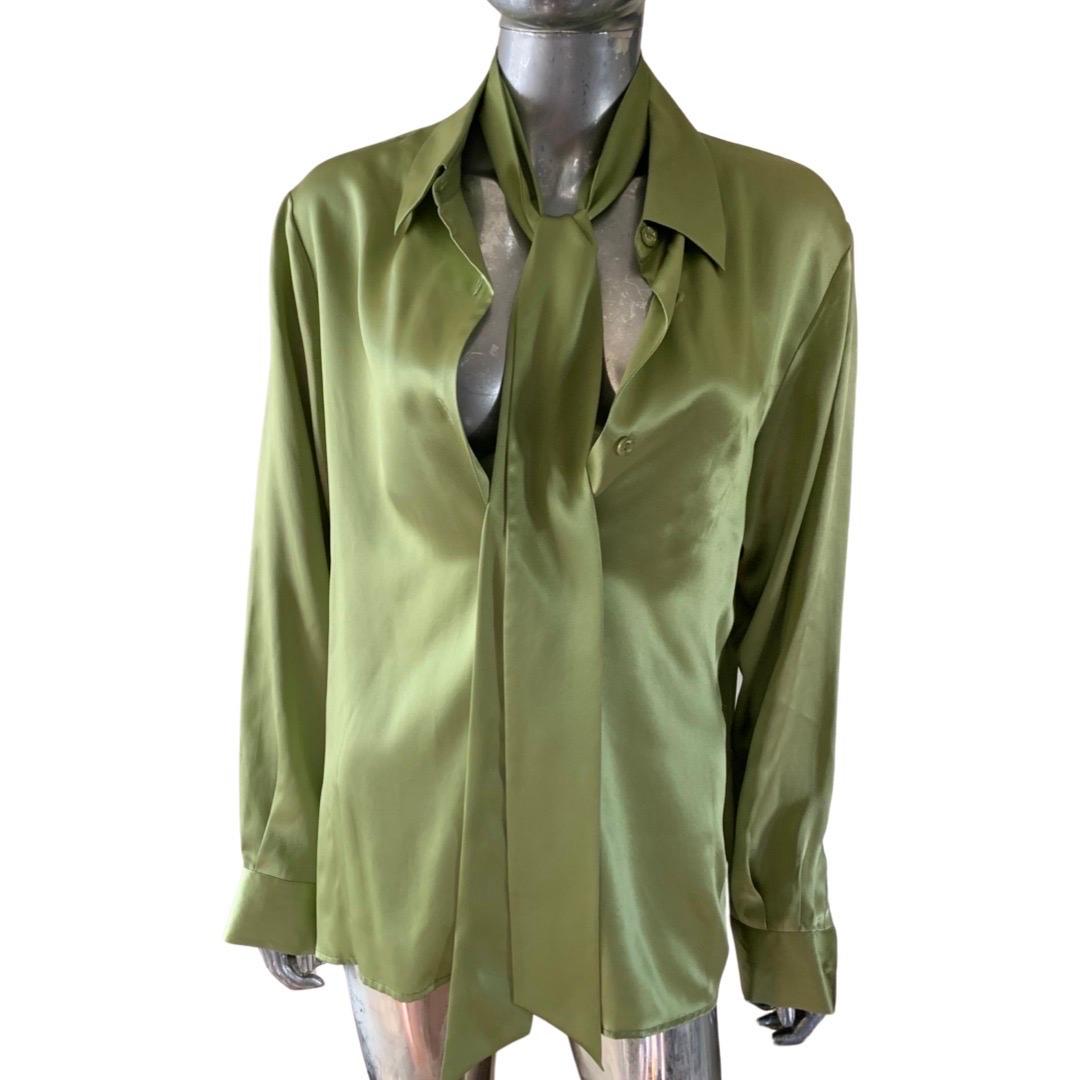 Brown Saks Fifth Avenue Pistachio Green Silk Blouse w/Scarf Size 14