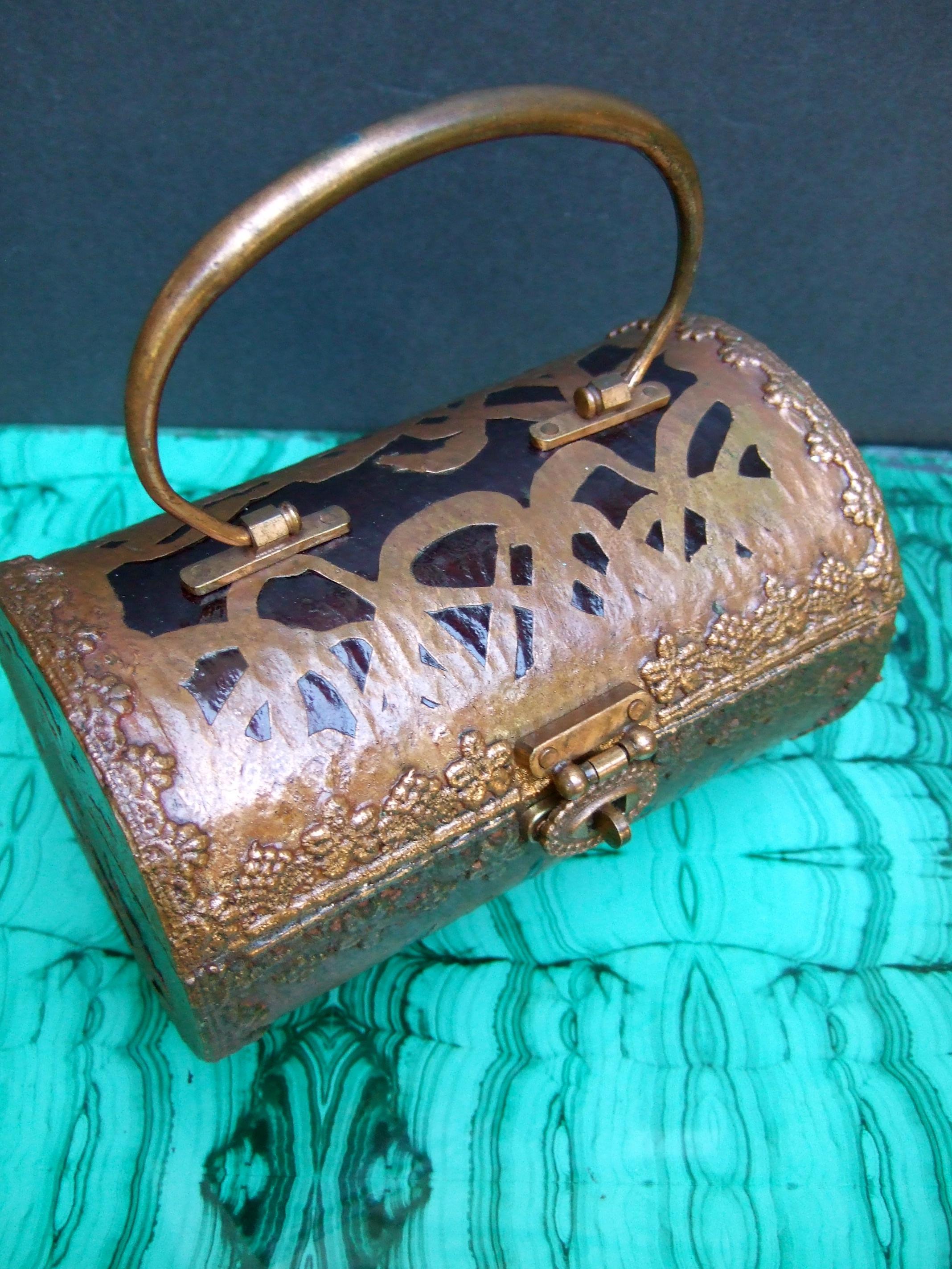 Saks Fifth Avenue Rare Copper Metal Lucite Cylinder Handbag c 1960s In Good Condition In University City, MO