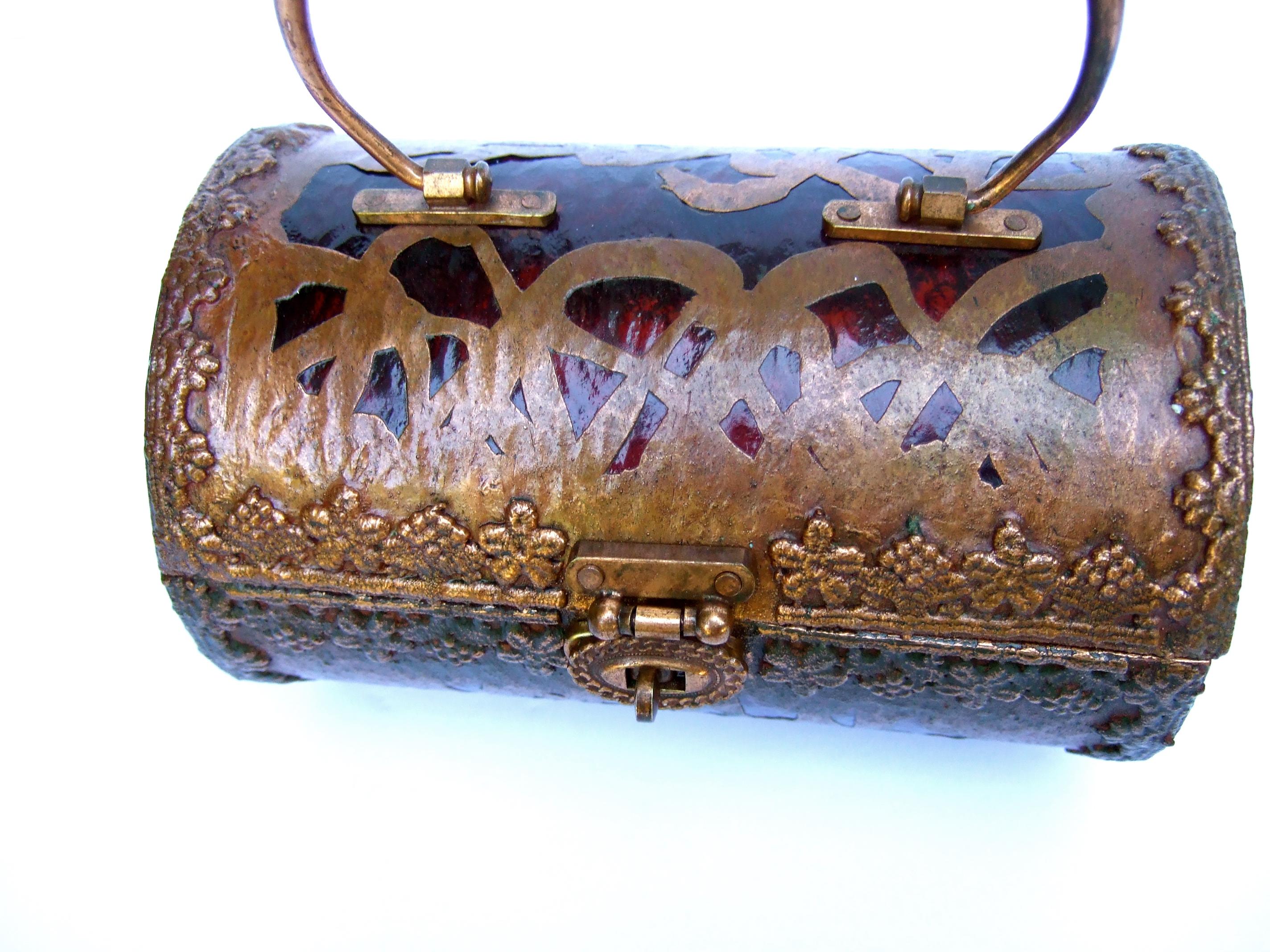 Saks Fifth Avenue Rare Copper Metal Lucite Cylinder Handbag c 1960s 1