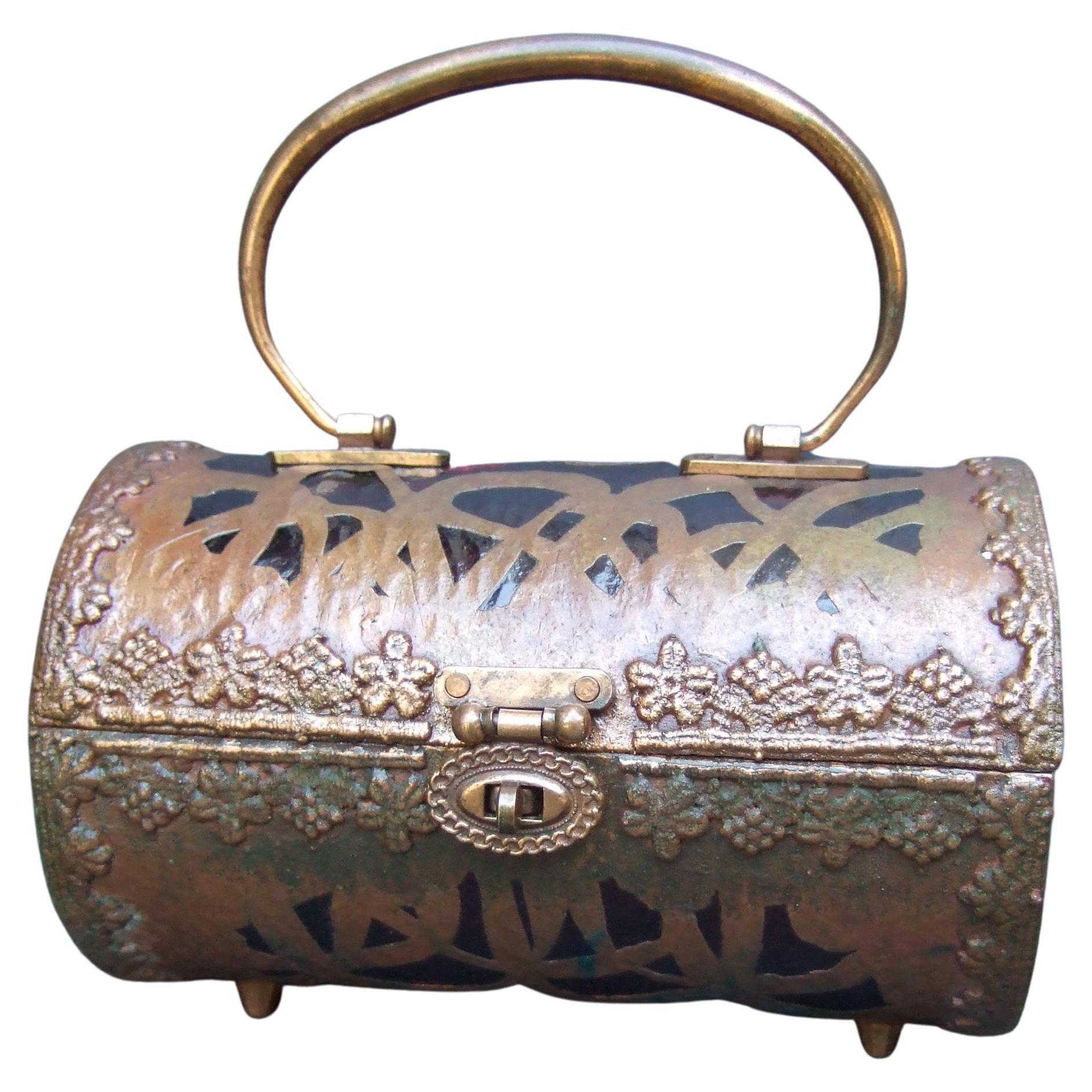 Saks Fifth Avenue Rare Copper Metal Lucite Cylinder Handbag c 1960s