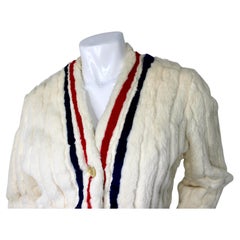Saks-Fifth Avenue Red & Navy Striped Faux Fur Tennis-Style Cardigan circa 1970s