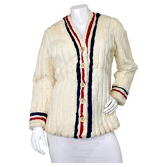 Saks-Fifth Avenue Red & Navy Striped Faux Fur Tennis-Style Cardigan circa 1970s