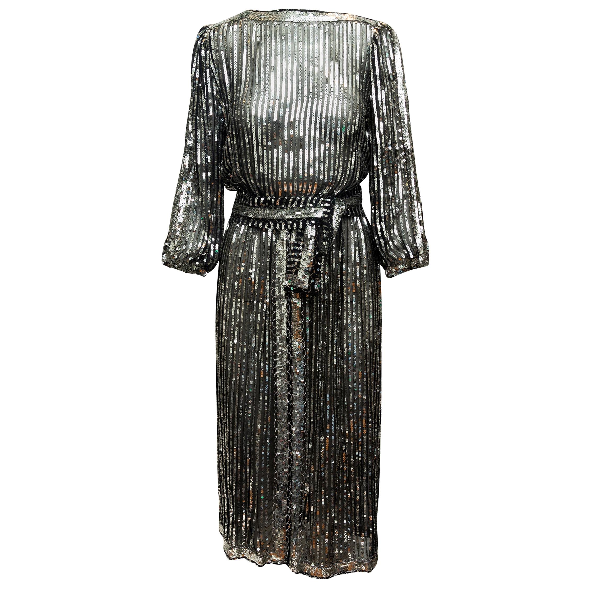 Saks Fifth Avenue Silver Silk Sequined Evening Dress