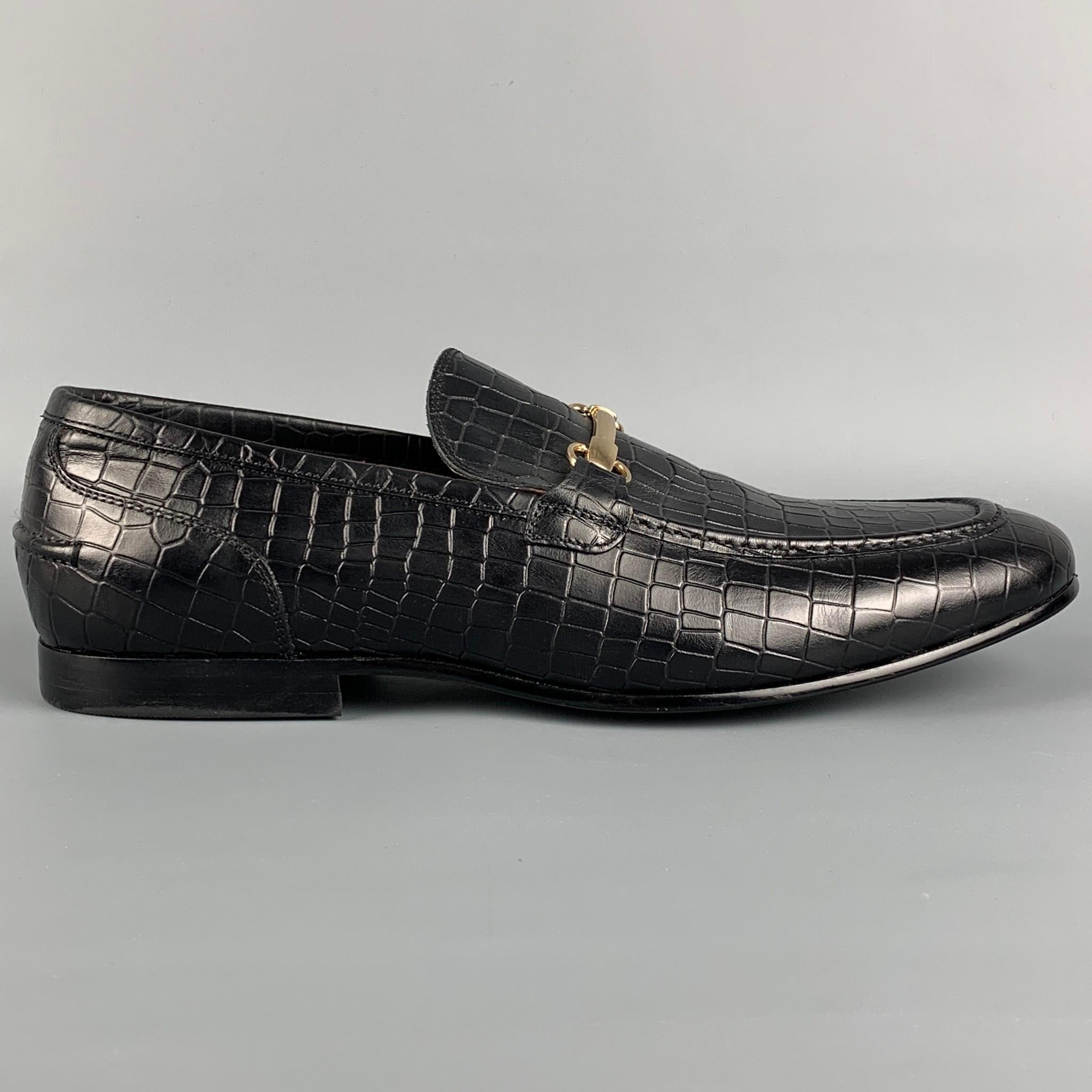 SAKS FIFTH AVENUE Size 12 Black Embossed Leather Slip On Horsebit Loafers