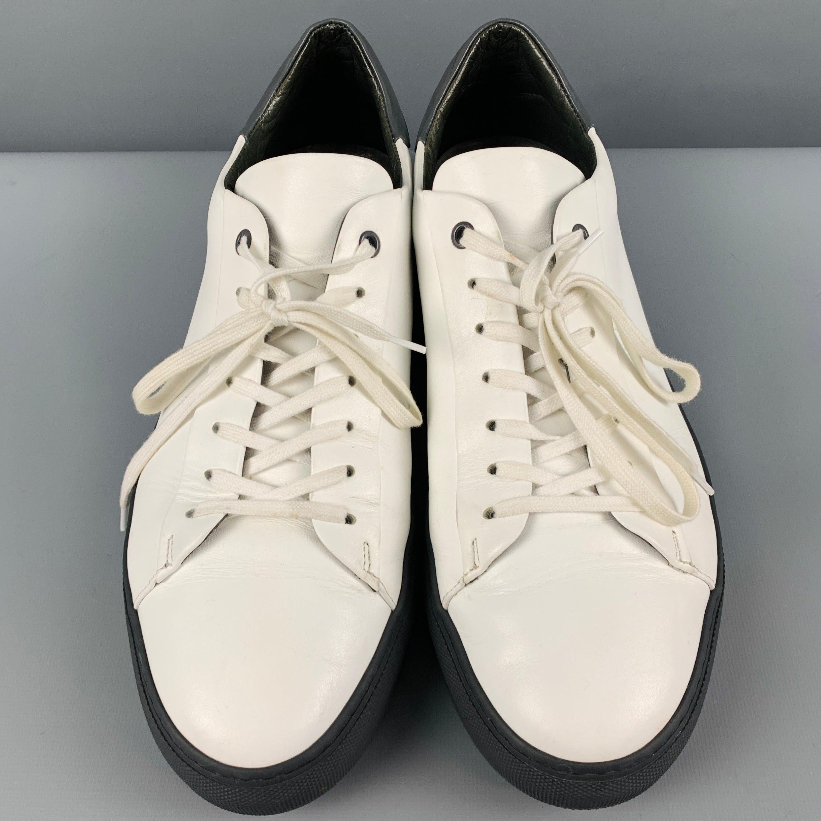Men's SAKS FIFTH AVENUE Size 12 White Black Leather Low Top Lace-Up Shoes For Sale