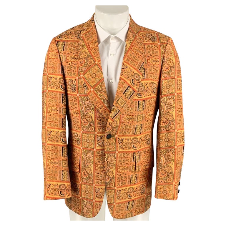 SAKS FIFTH AVENUE Size 40 Gold and Red Print Wool Blend Sport Coat For