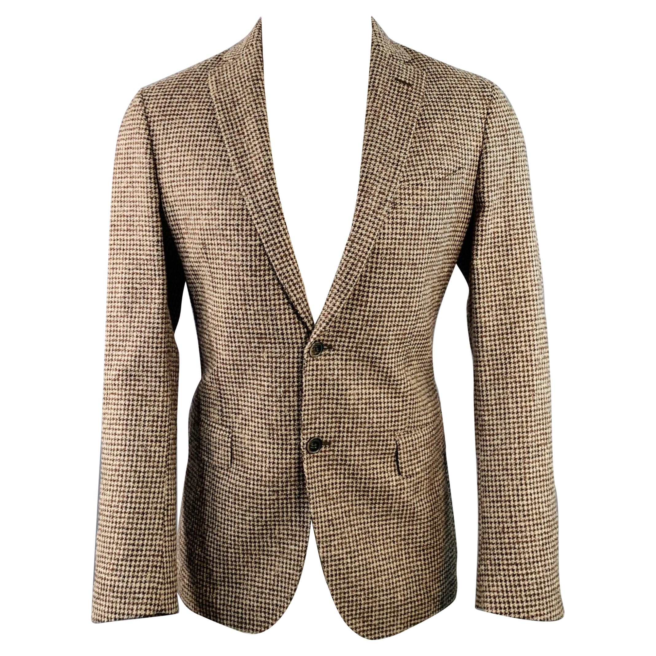 SAKS FIFTH AVENUE Size 40 Khaki Brown Houndstooth Wool Blend Sport Coat
