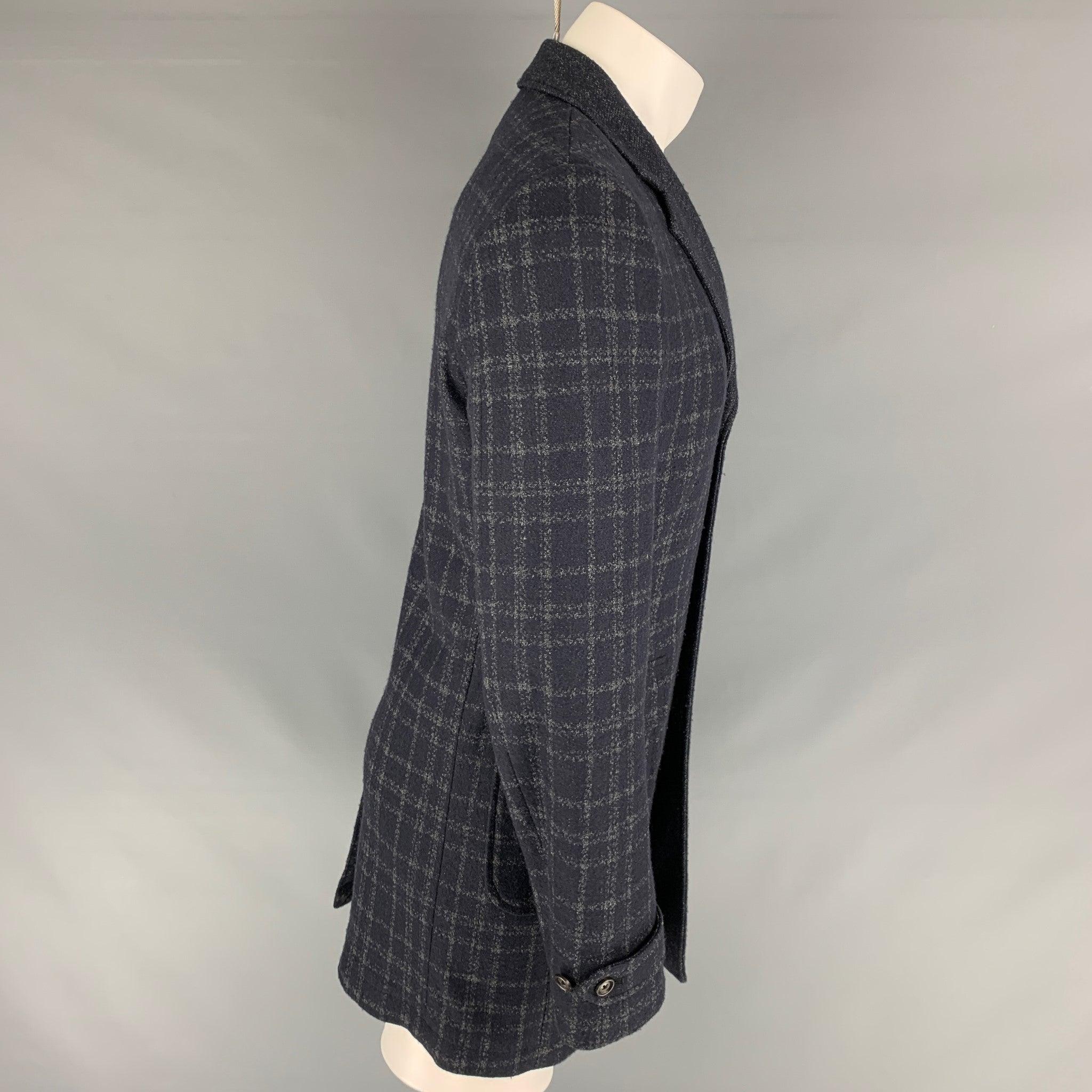 SAKS FIFTH AVENUE Size 40 Navy Grey Plaid Wool Blend Coat In Excellent Condition For Sale In San Francisco, CA