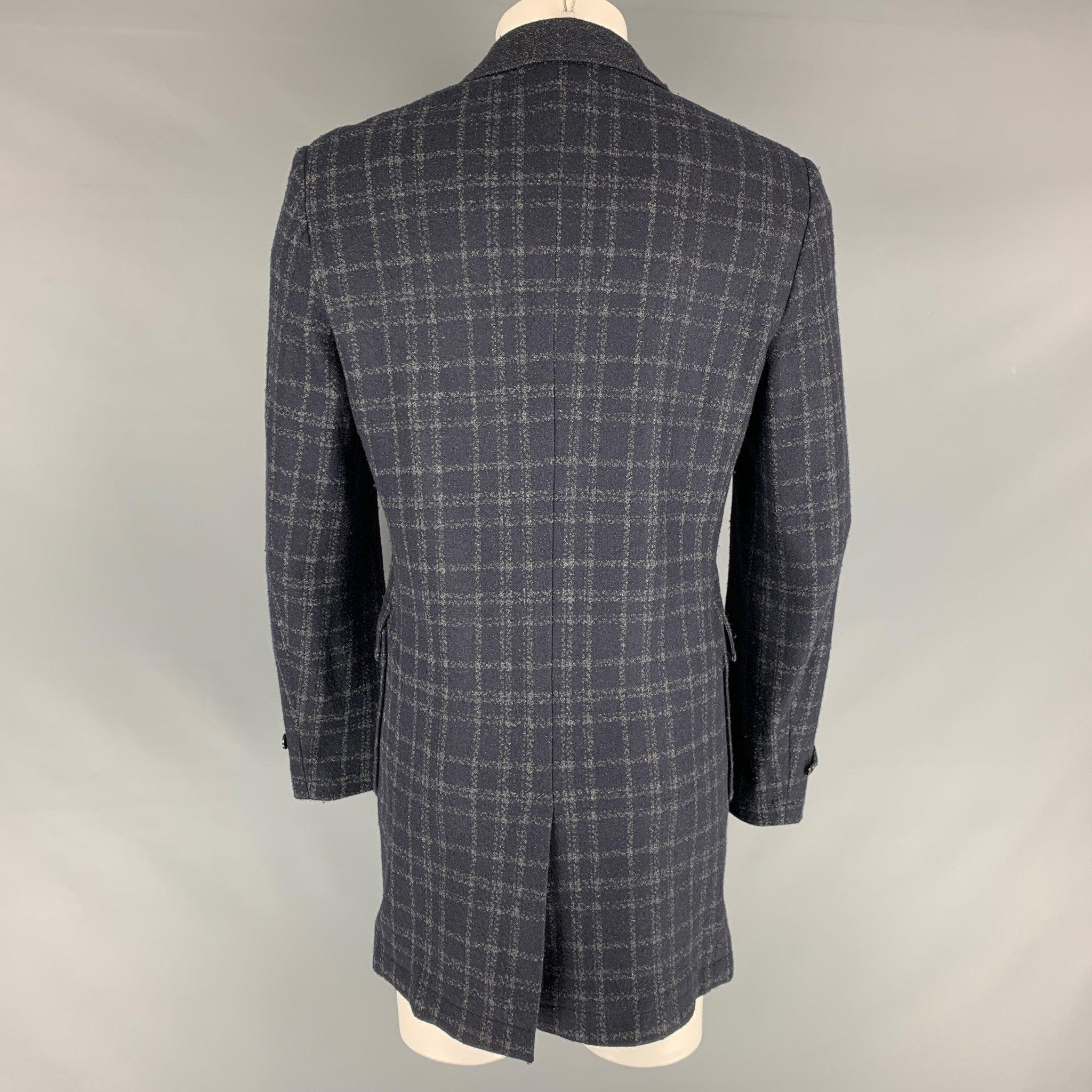 Men's SAKS FIFTH AVENUE Size 40 Navy Grey Plaid Wool Blend Coat For Sale