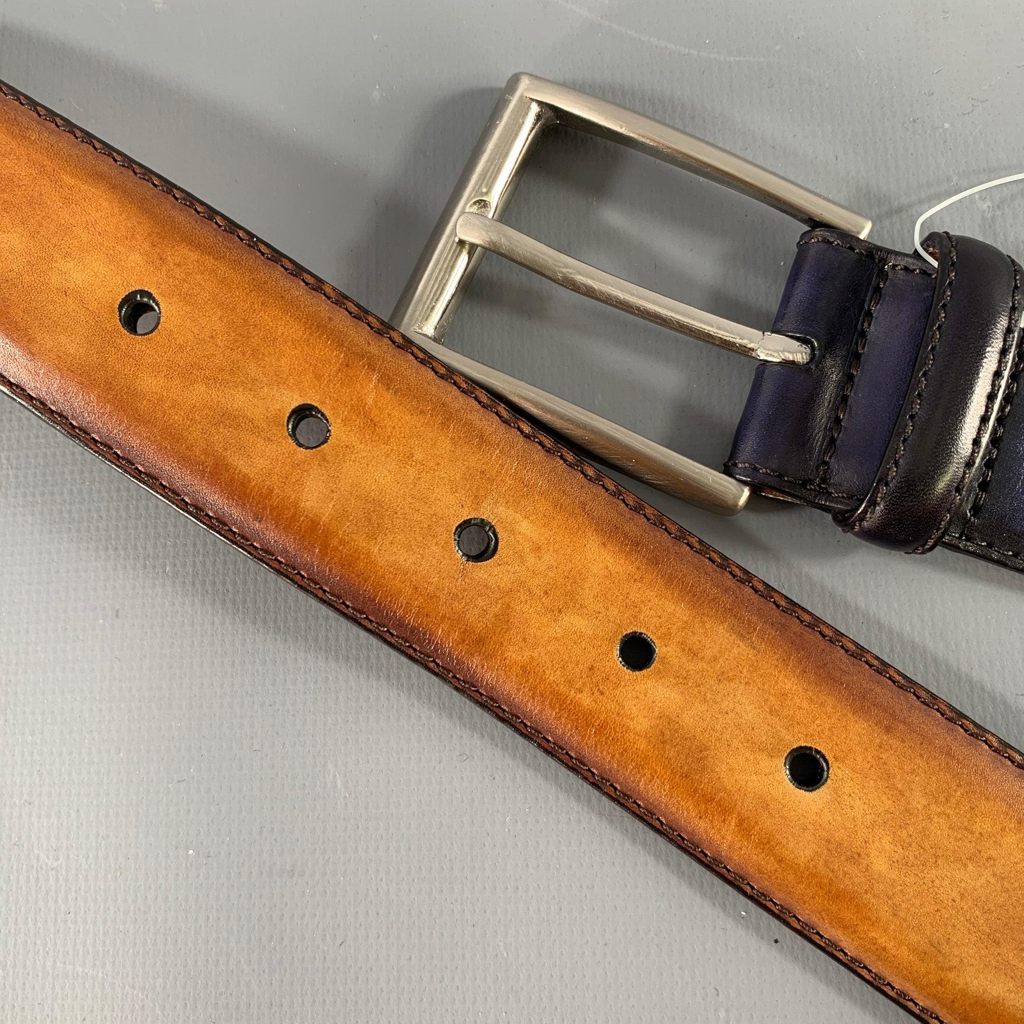 SAKS FIFTH AVENUE Size 46 Navy Tan Two Tone Leather Belt 2
