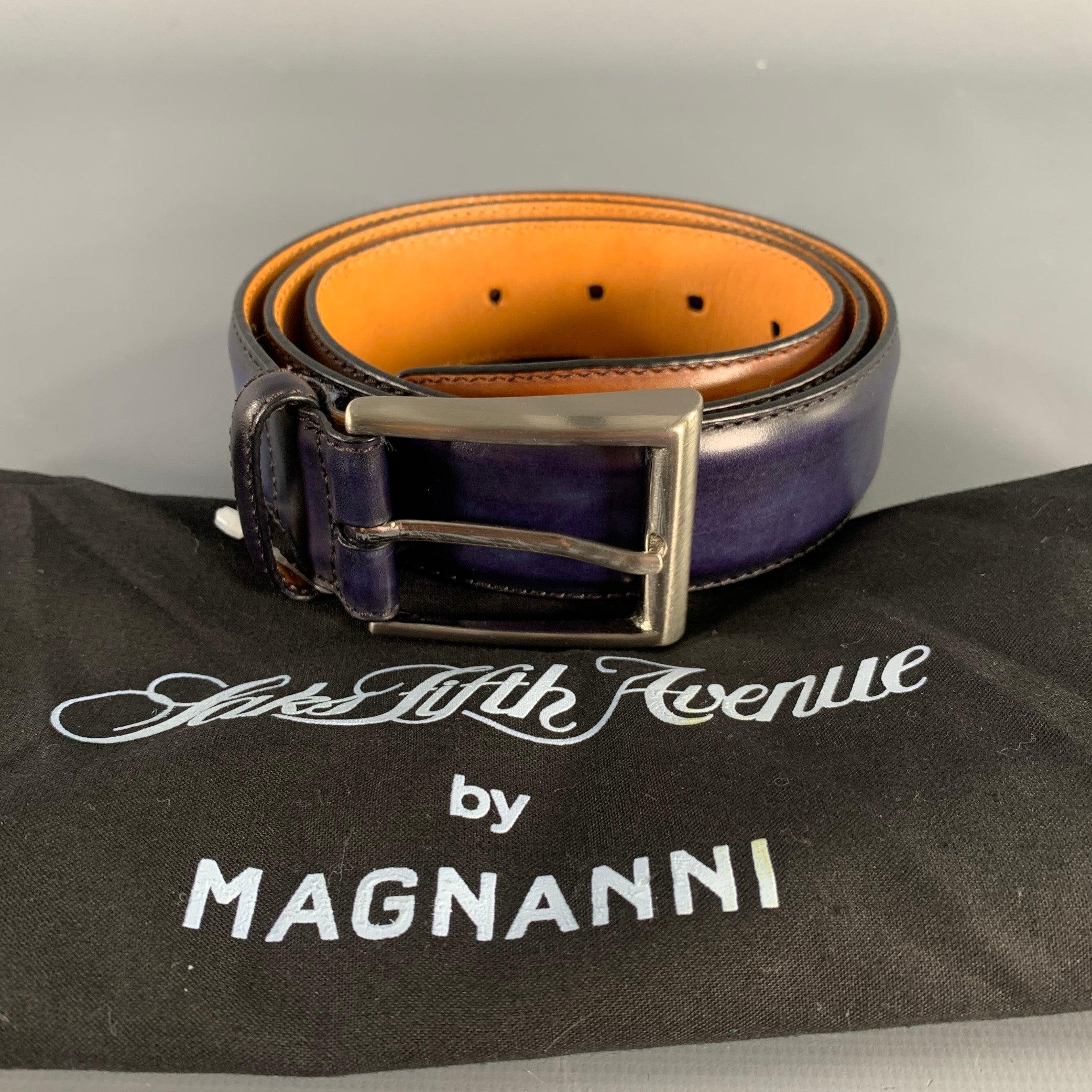 SAKS FIFTH AVENUE Size 46 Navy Tan Two Tone Leather Belt 3