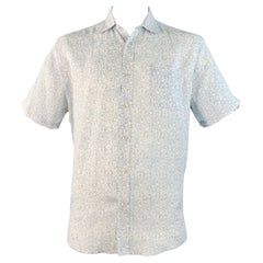SAKS FIFTH AVENUE Size L White Blue Paisley Linen One Pocket Short Sleeve Shirt