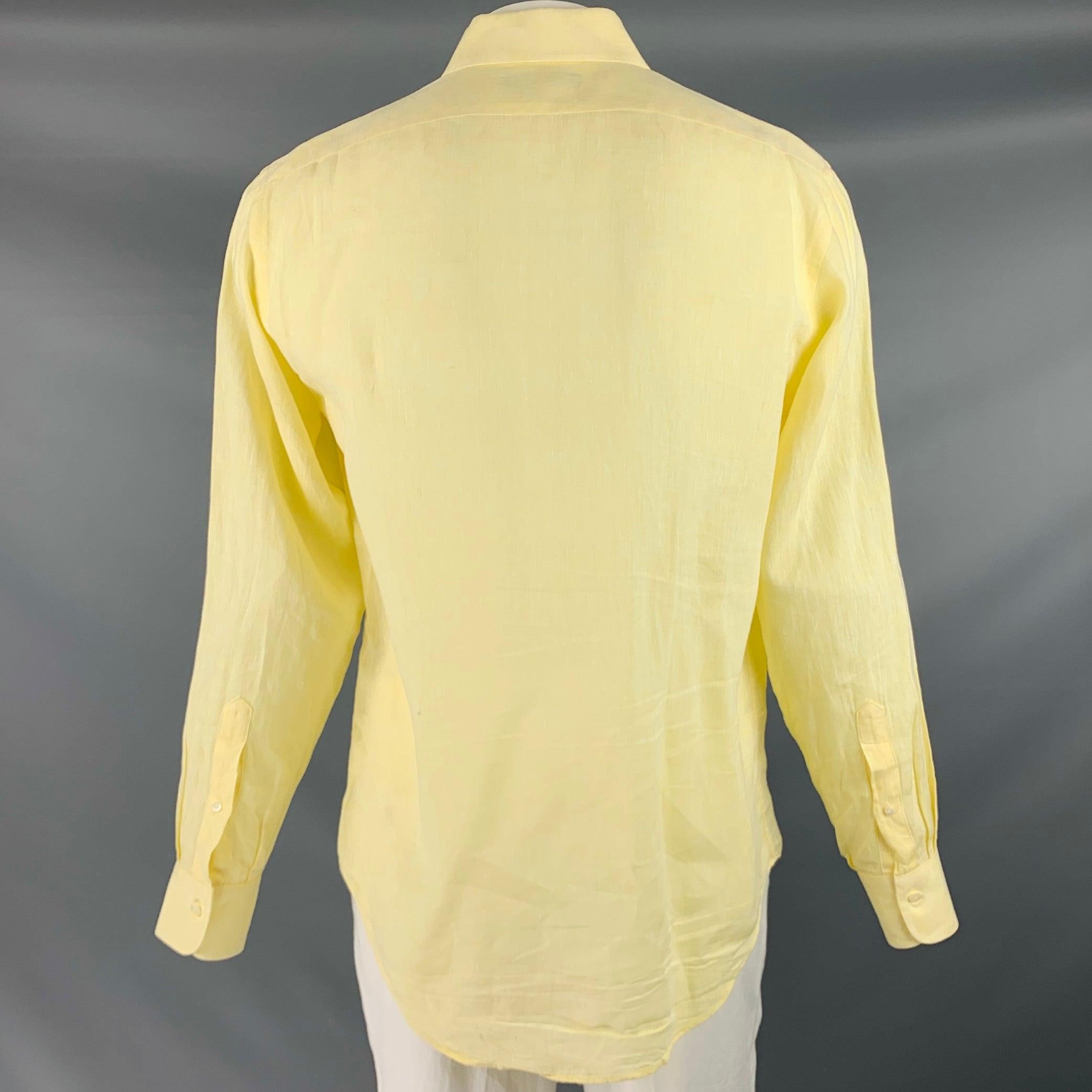 SAKS FIFTH AVENUE Size L Yellow Linen Button Up Long Sleeve Shirt In Good Condition In San Francisco, CA