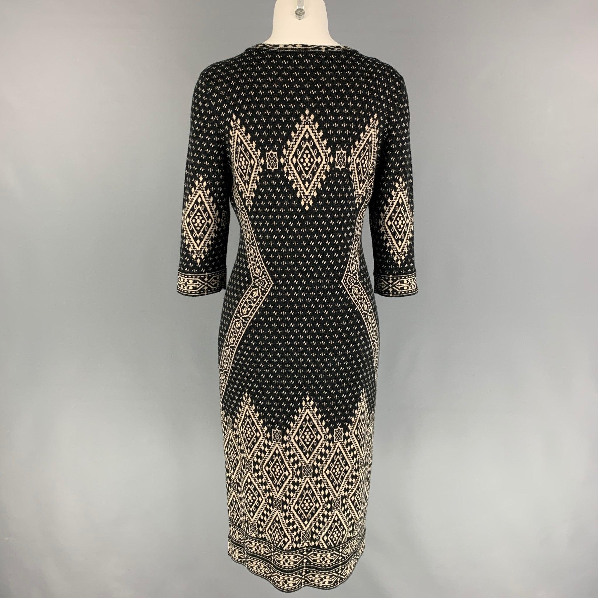SAKS FIFTH AVENUE Size M Black White Cotton Blend 3/4 Sleeves Dress In Good Condition For Sale In San Francisco, CA
