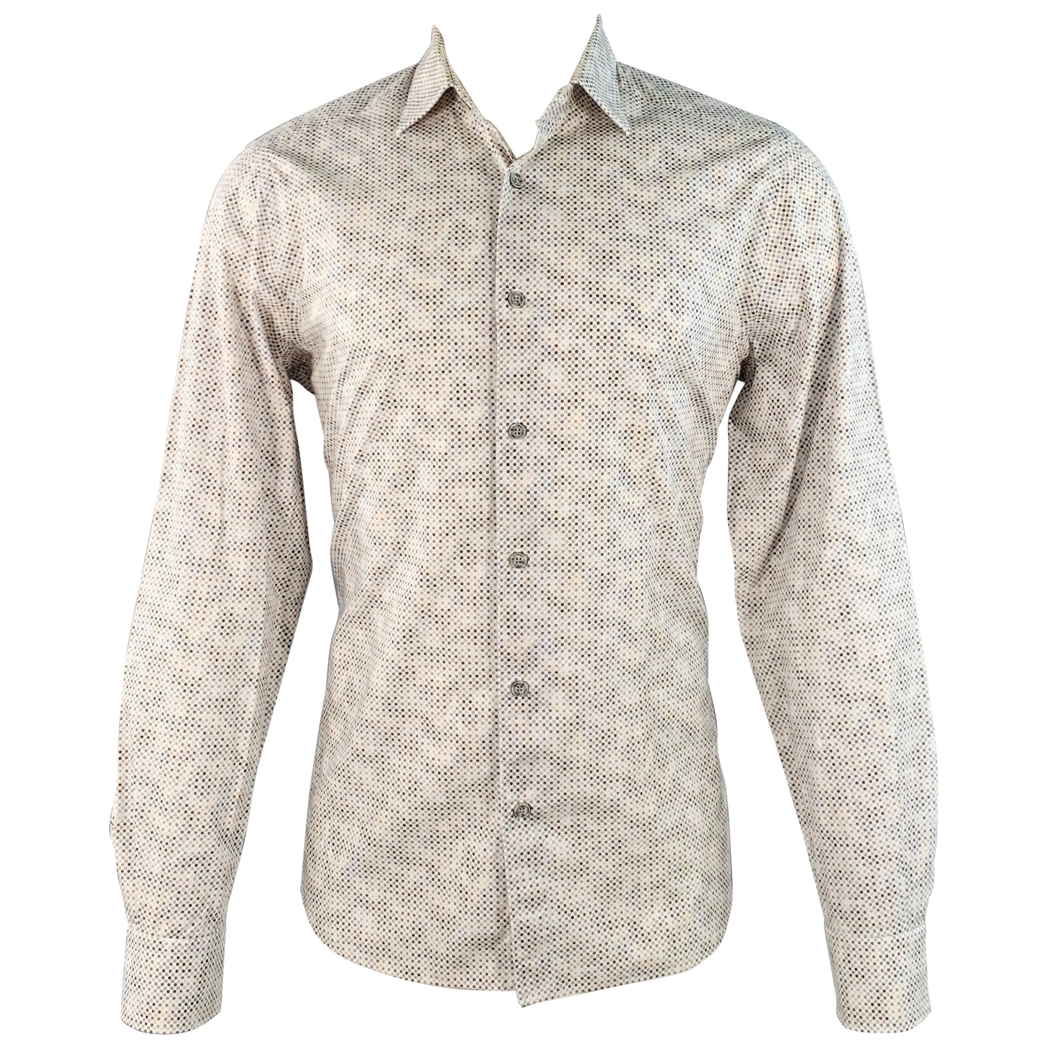 Saks Fifth Avenue Taglia M Camicia a maniche lunghe in cotone bianca e grigia con Dot Dot. in vendita
