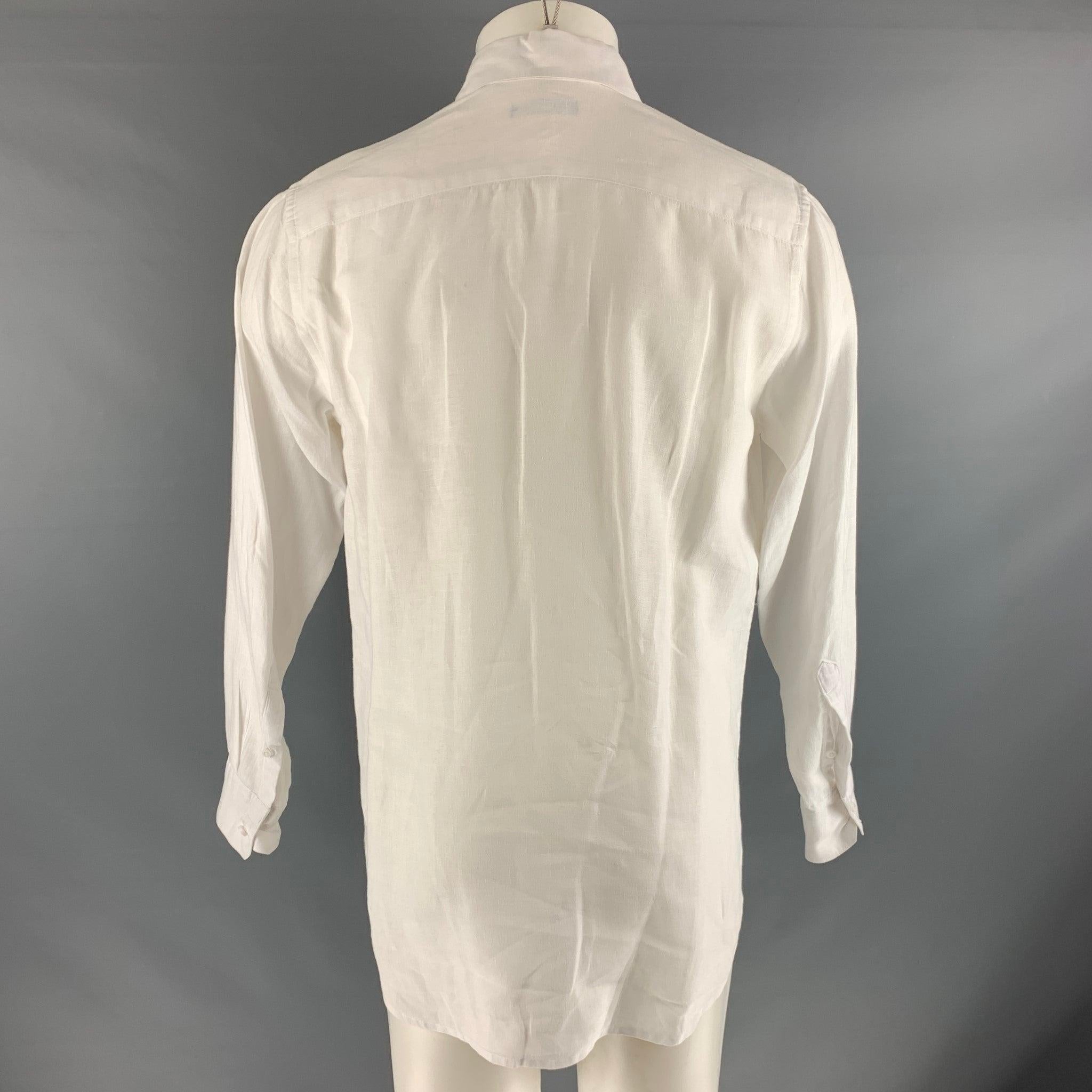 SAKS FIFTH AVENUE Size S White Solid Linen Button Up Long Sleeve Shirt In Good Condition For Sale In San Francisco, CA