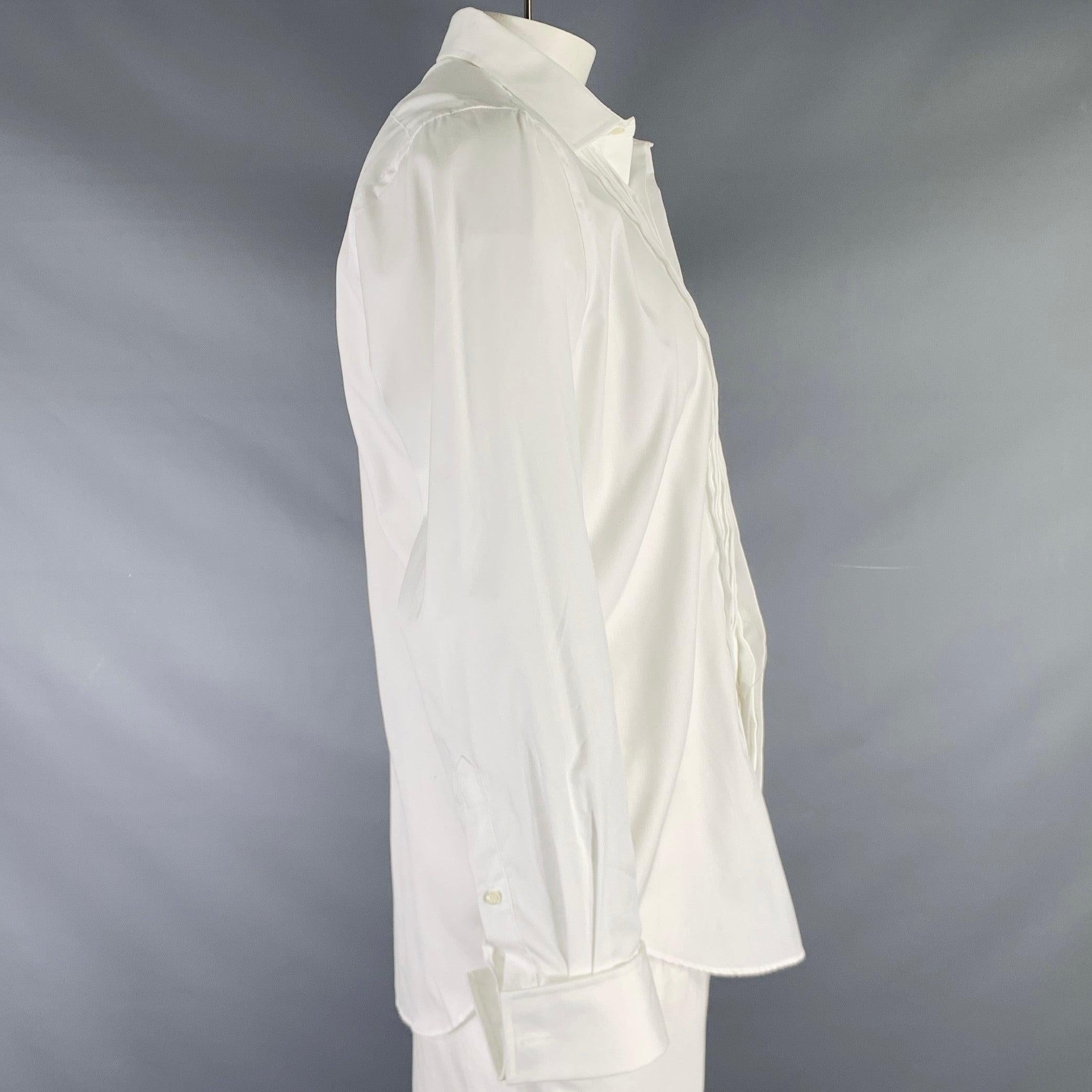 Grigio Saks Fifth Avenue Taglia XL Camicia a maniche lunghe plissettata in cotone bianco con polsini francesi in vendita