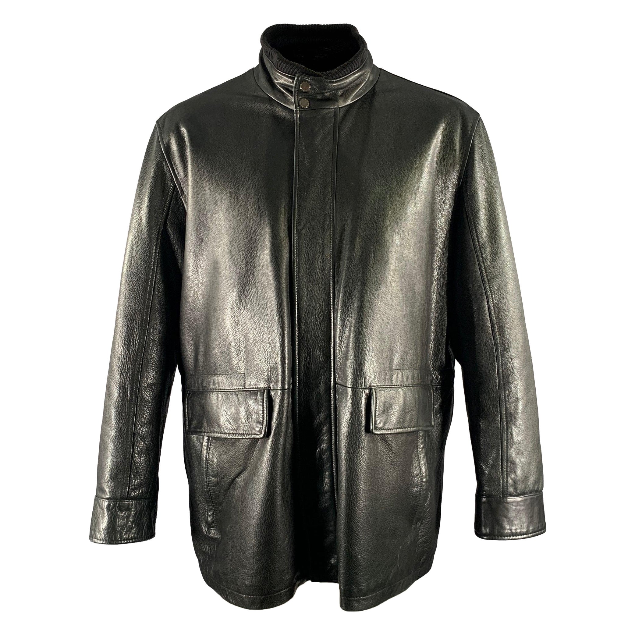 SAKS FIFTH AVENUE Talla XXL Chaqueta de piel negra con cremallera y cuello alto