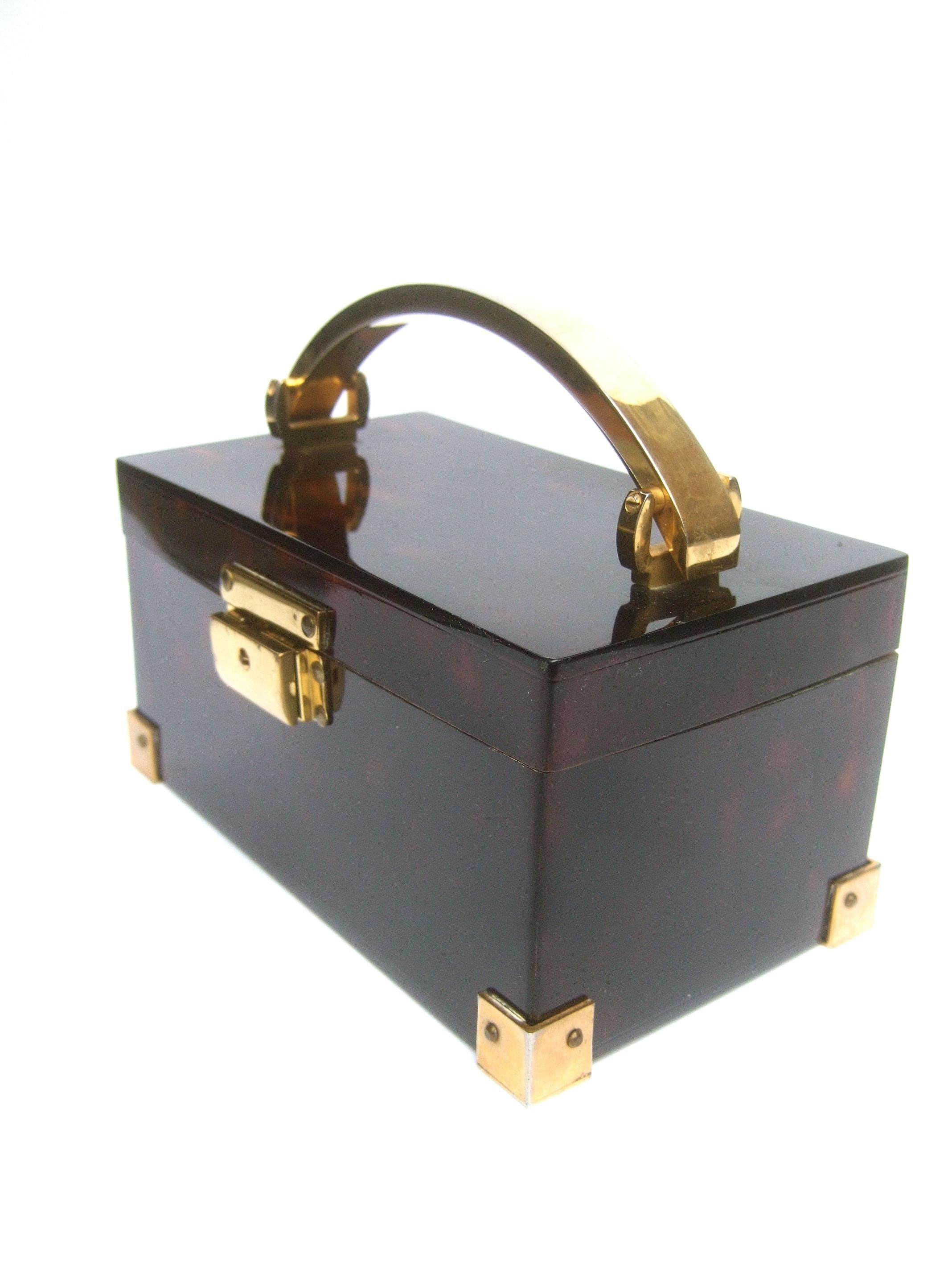 Saks Fifth Avenue Sleek Tortoise Shell Lucite Box Purse c 1970s In Good Condition In University City, MO