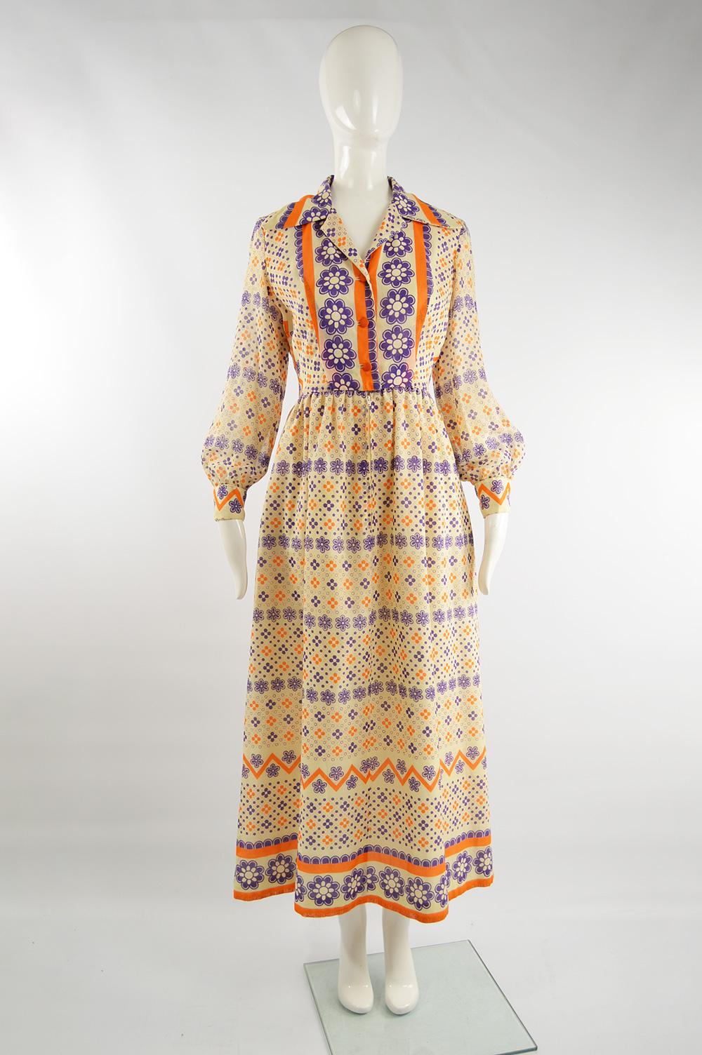 A fabulous vintage boho maxi dress from the late 60s / early 70s by luxury department store, Saks Fifth Avenue. In an off white cotton voile with a bold orange and purple floral pattern throughout.

Size: fits roughly like a modern women's UK 10-12/
