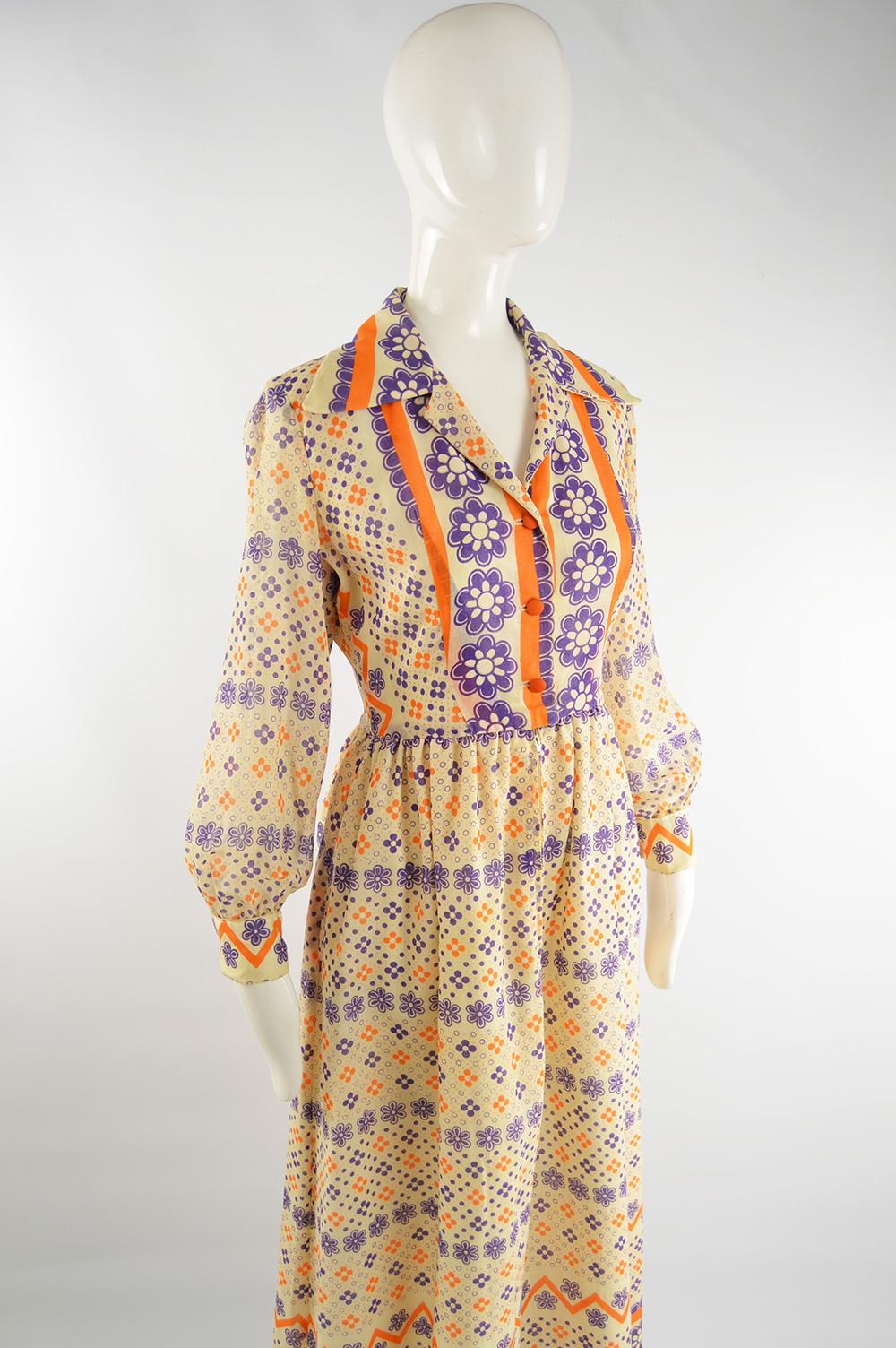 Beige Saks Fifth Avenue Vintage Bold Floral Print Cotton Voile Maxi Dress, 1970s