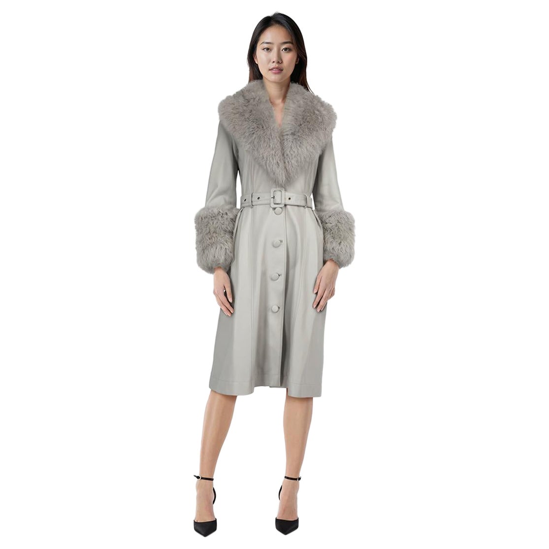 Saks Potts Grey Lamb Leather Foxy Shearling Coat Size S
