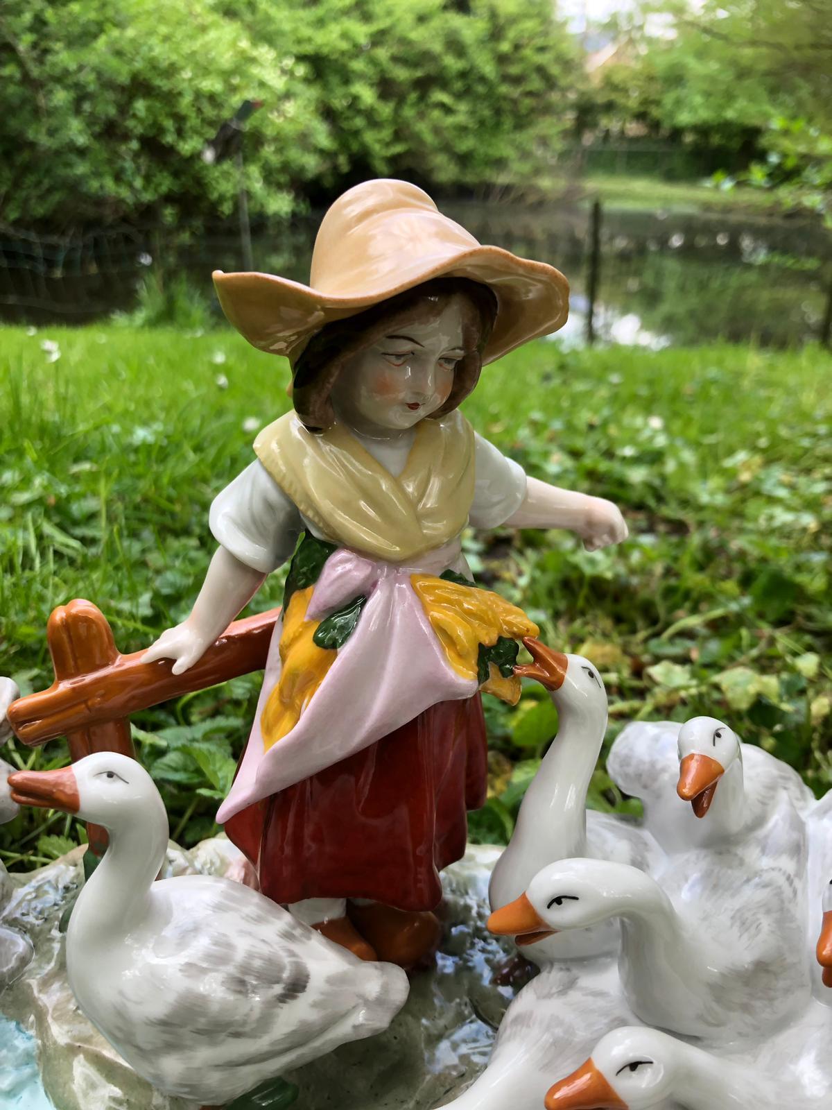 Hand-Painted Saksisch Dresden Porcelain 'The Goose Herder', before 1989 For Sale