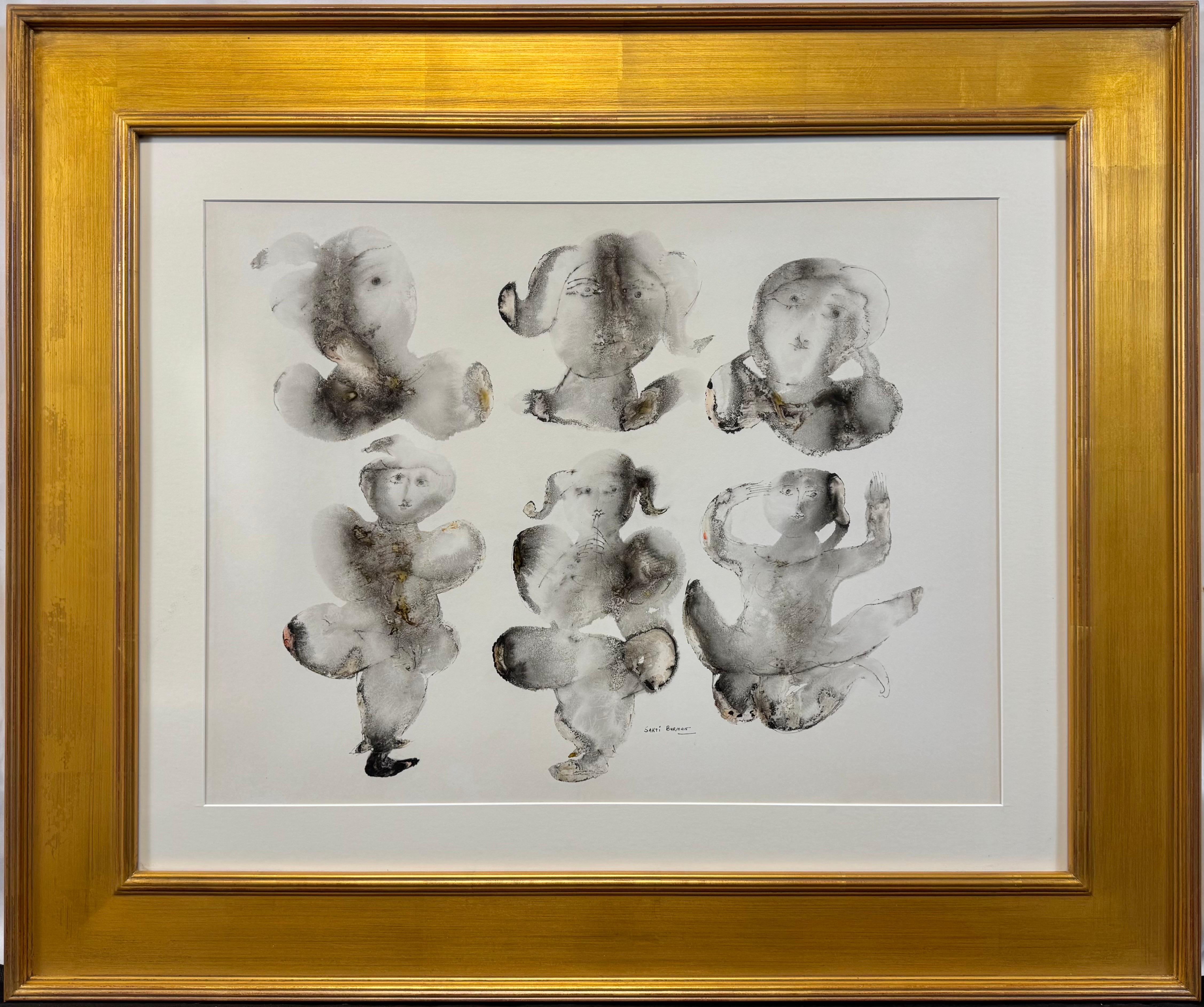 "Sechs Figuren, ca. 1965-70" von Sakti Burman (geb. 1935).

Ein wunderbares Beispiel für Burmans unverwechselbare Verschmelzung von indischer Folklore mit europäischen surrealistischen und phantastischen Empfindungen. Hier arrangiert Burman sechs