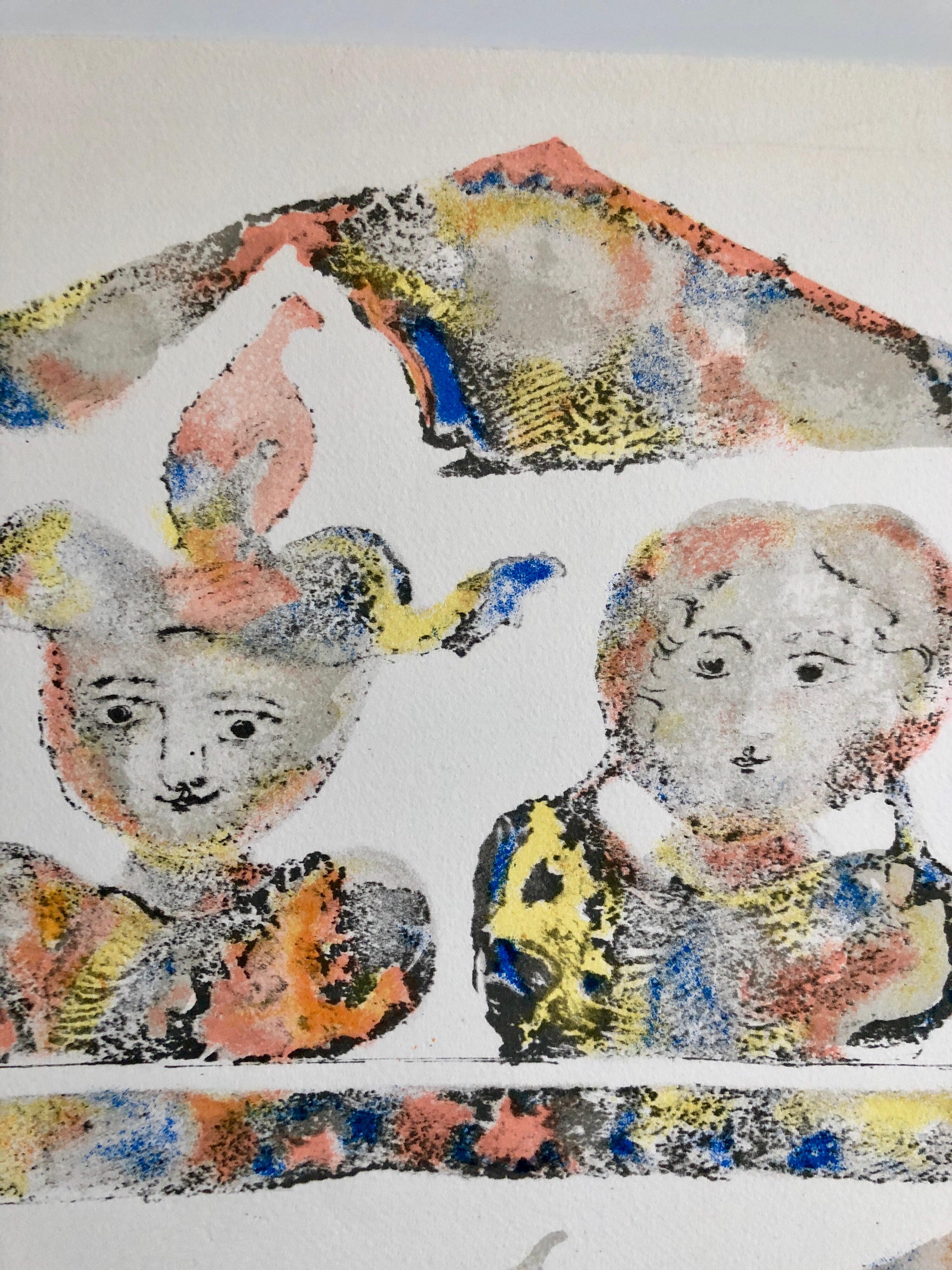 Contemporary Indian Art Master Lithograph in Color Abstract Figures with Cat For Sale 1