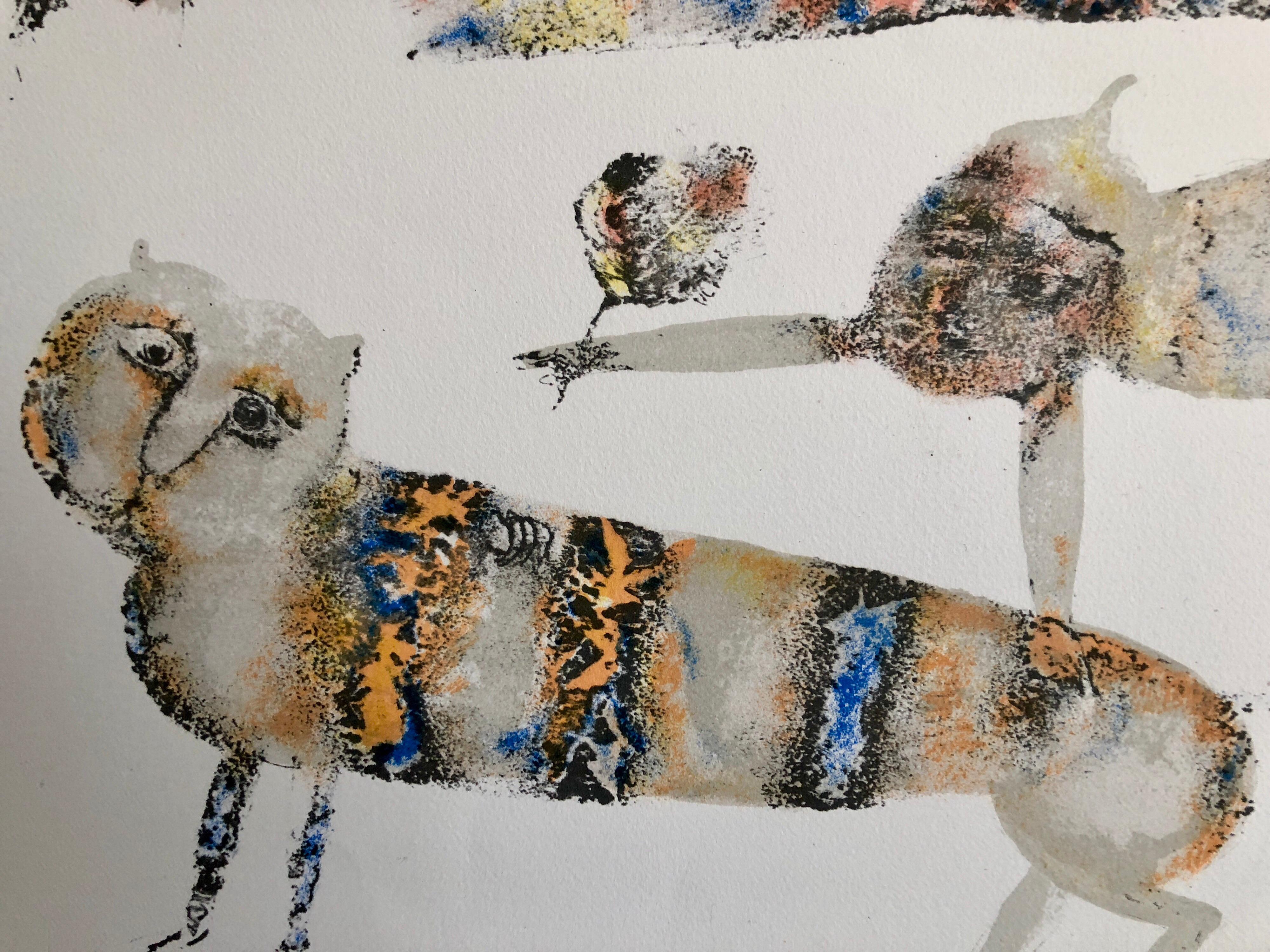 Art indien contemporain Masterly Lithographie en couleur Figures abstraites avec chat en vente 1