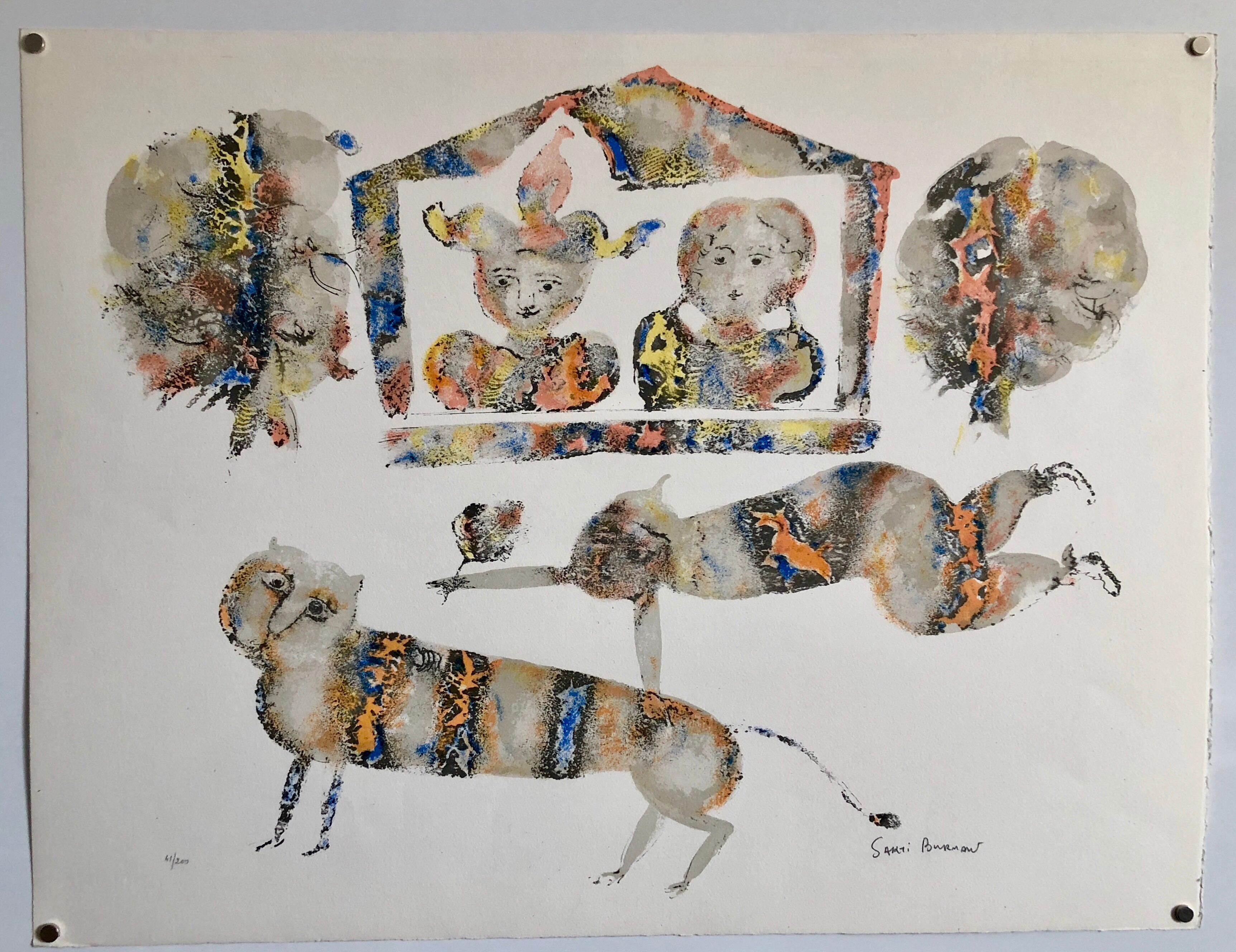 Contemporary Indian Art Master Lithograph in Color Abstract Figures with Cat - Gray Animal Print by Sakti Burman