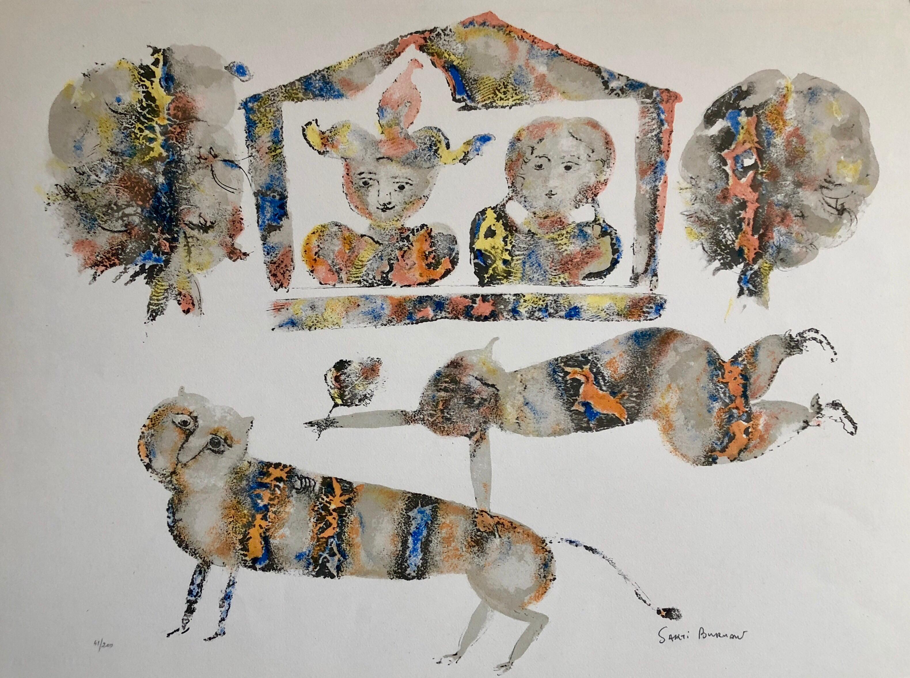 Sakti Burman Animal Print - Contemporary Indian Art Master Lithograph in Color Abstract Figures with Cat