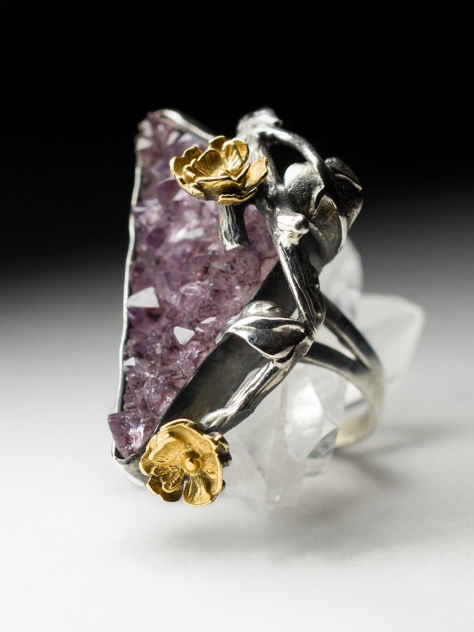 Anello d'argento con cristalli di ametista Sakura, gemma viola naturale ispirata alla Nature in vendita 4